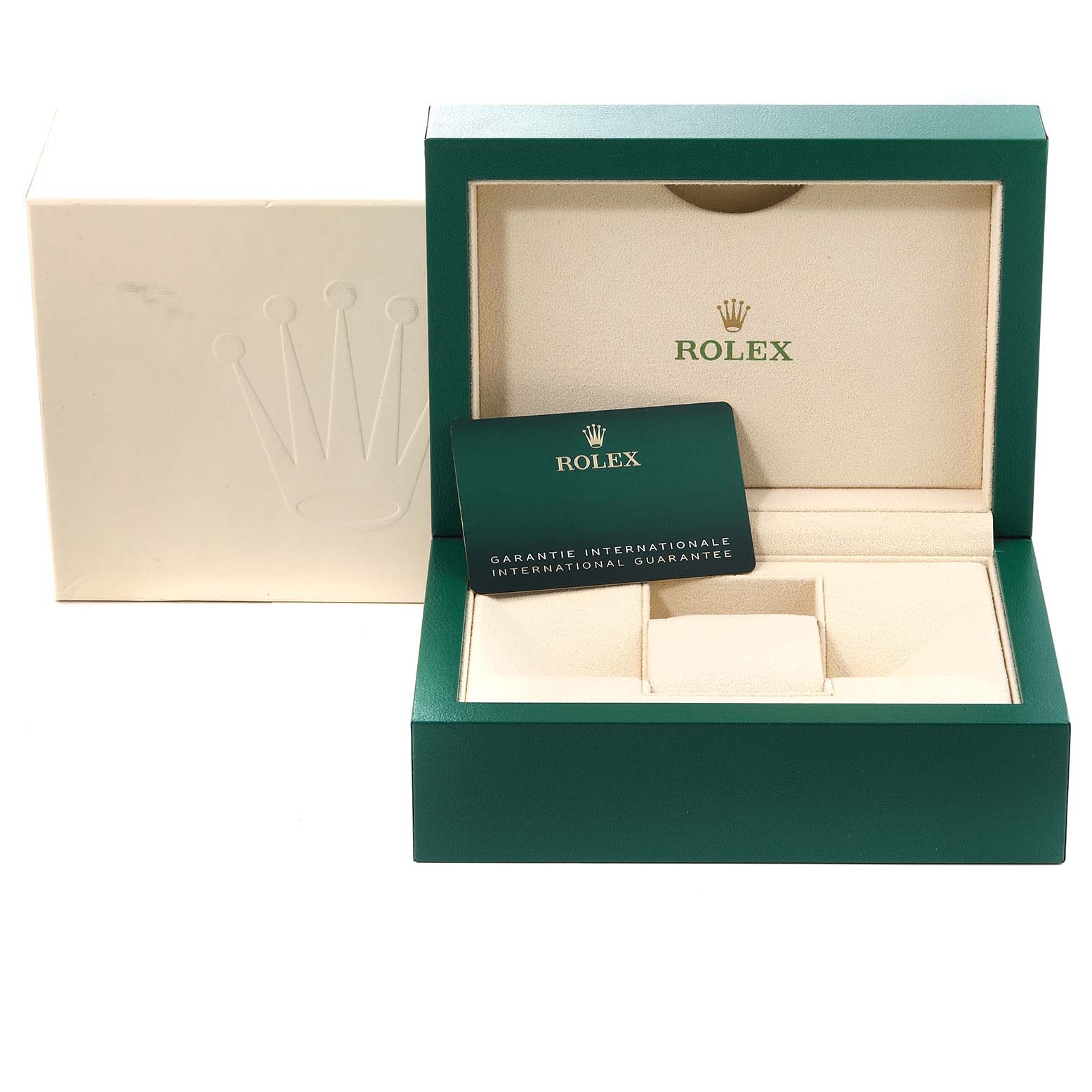 This image shows an open Rolex Submariner 126610LN Men
s Stainless Steel Black Dial 126610LN Men
s Stainless Steel Black Dial watch box with its warranty card and outer cardboard box.