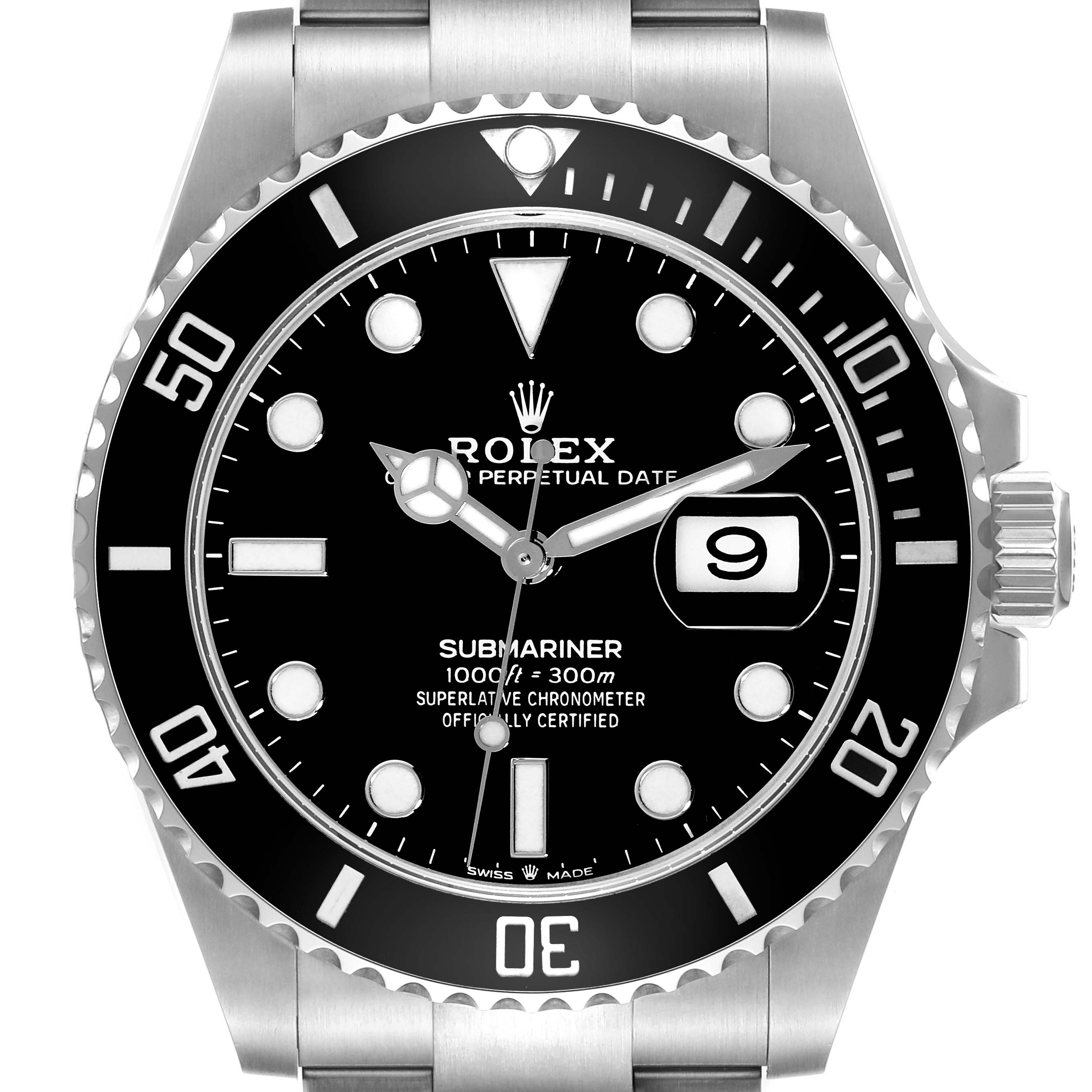 This image shows the face, bezel, and part of the bracelet of a Rolex Submariner 126610LN Men
s Stainless Steel Black Dial 126610LN Men
s Stainless Steel Black Dial watch from a straight-on angle.
