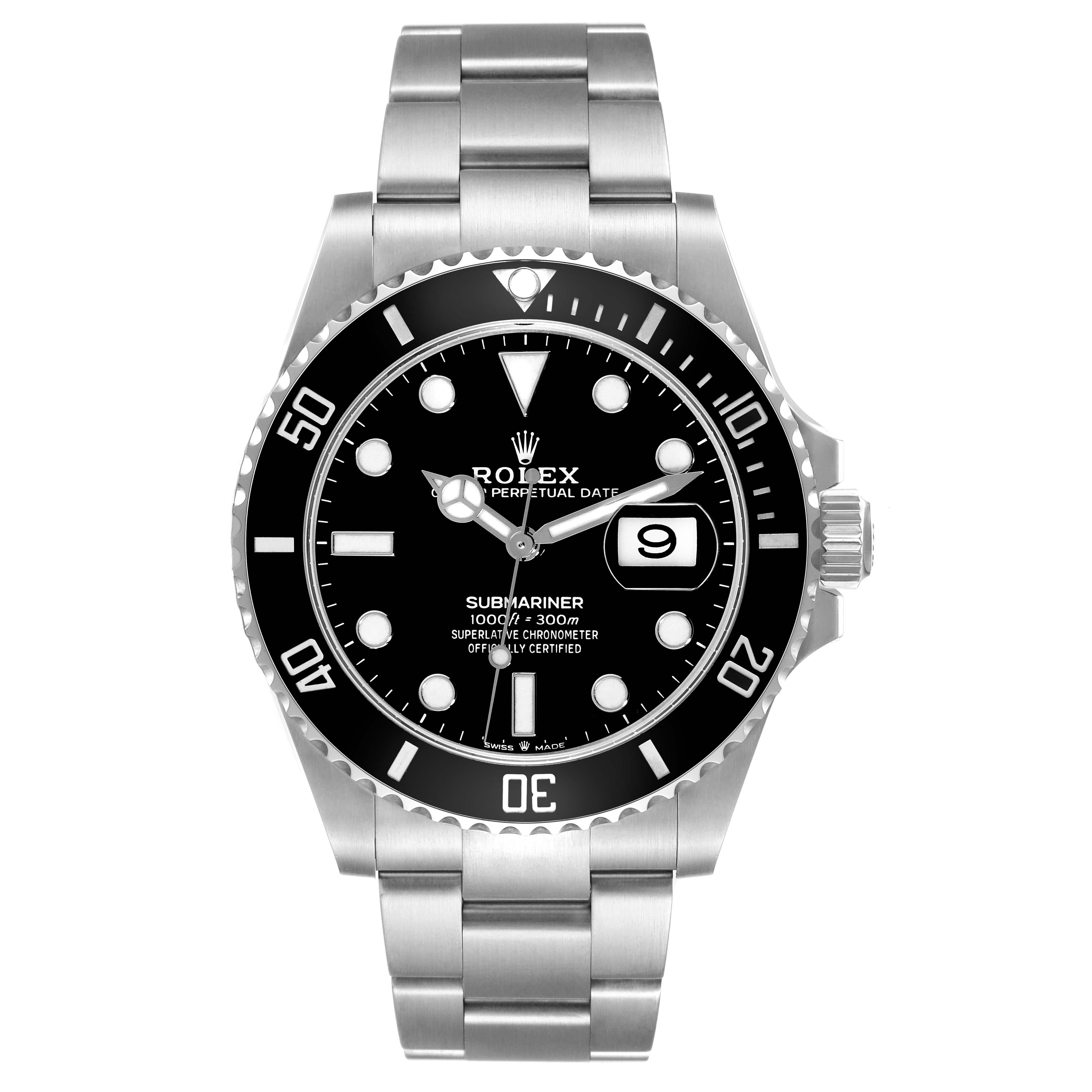 This Rolex Submariner 126610LN Men
s Stainless Steel Black Dial 126610LN Men
s Stainless Steel Black Dial watch is shown from the front, displaying its dial, date window, and bracelet.