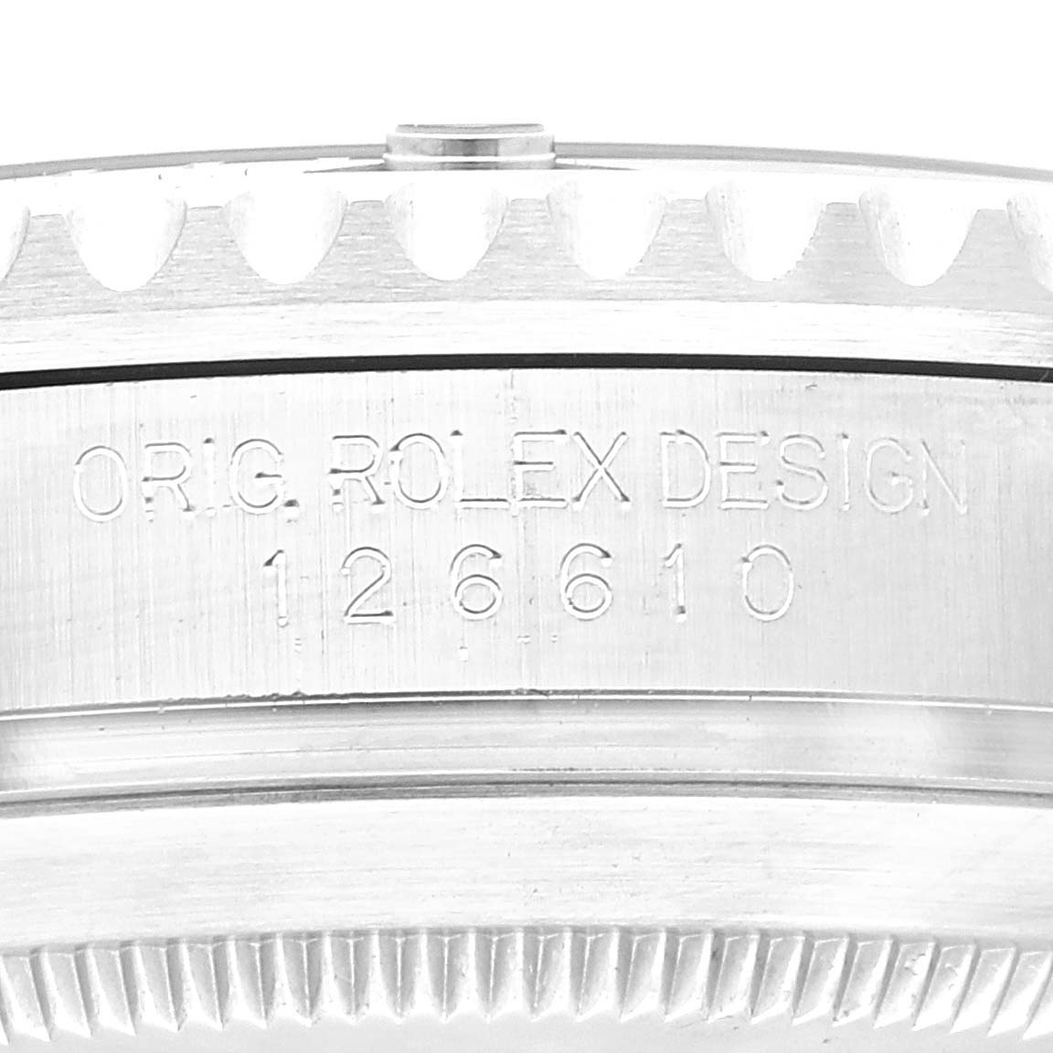 This image shows a close-up of the side of a Rolex Submariner 126610LN Men
s Stainless Steel Black Dial 126610LN Men
s Stainless Steel Black Dial watch, focusing on the model number and "ORIG. ROLEX DESIGN" engraving.