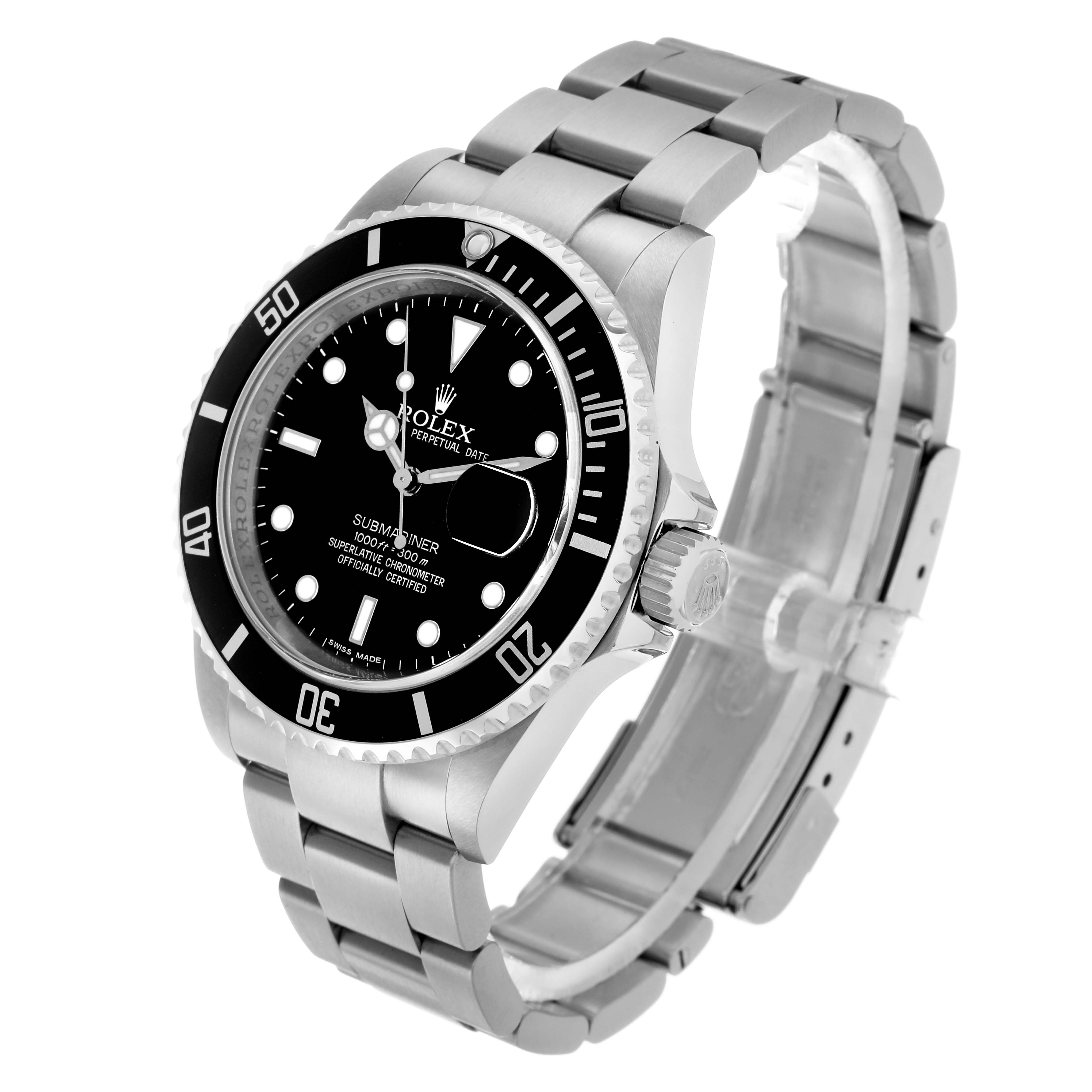 The Rolex Submariner 16610 Men's Stainless Steel Black Dial watch is shown at an angled view, displaying the dial, bezel, crown, and bracelet.