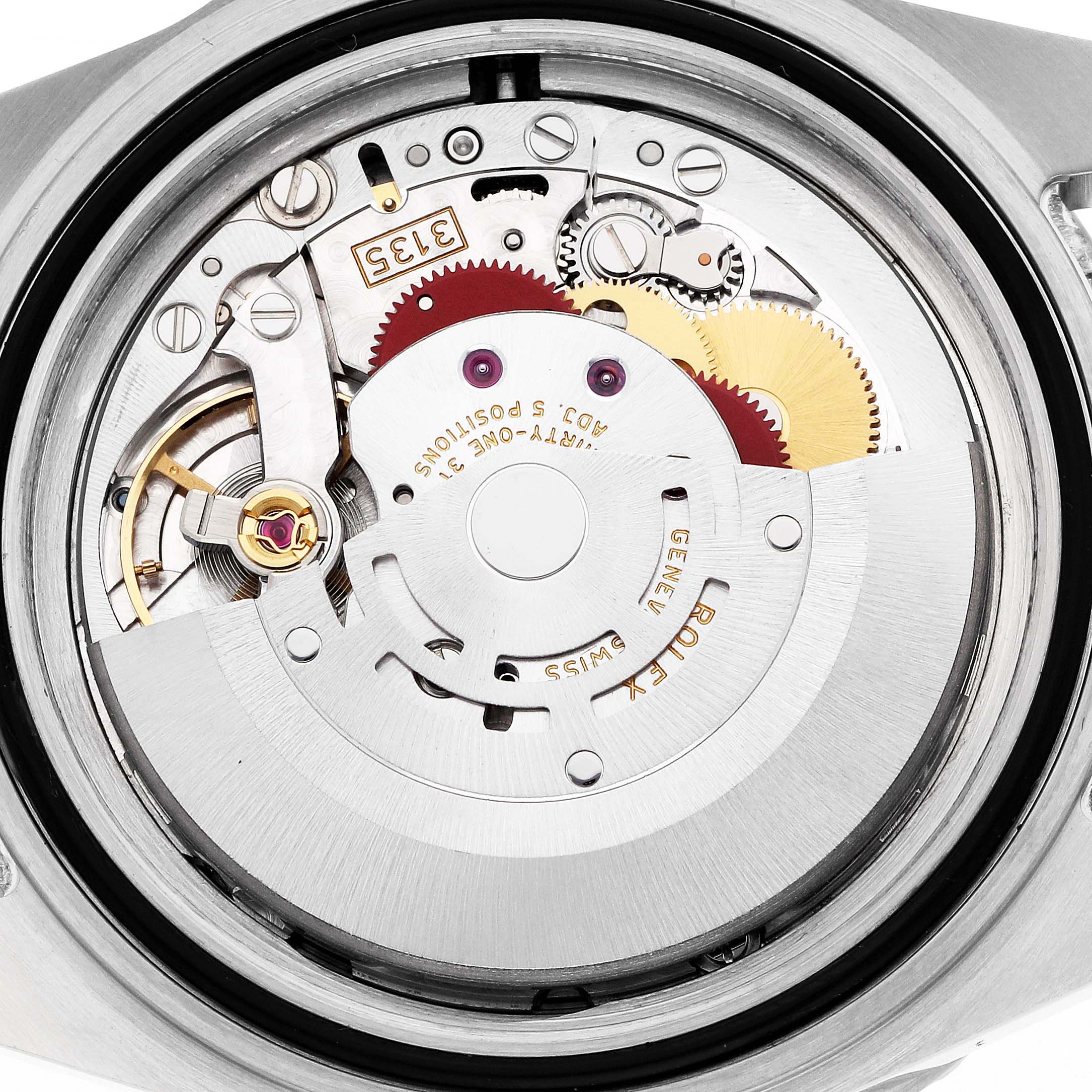 The image shows the movement of a Rolex Submariner 16610 Men's Stainless Steel Black Dial watch, viewed from the back, displaying gears and components.