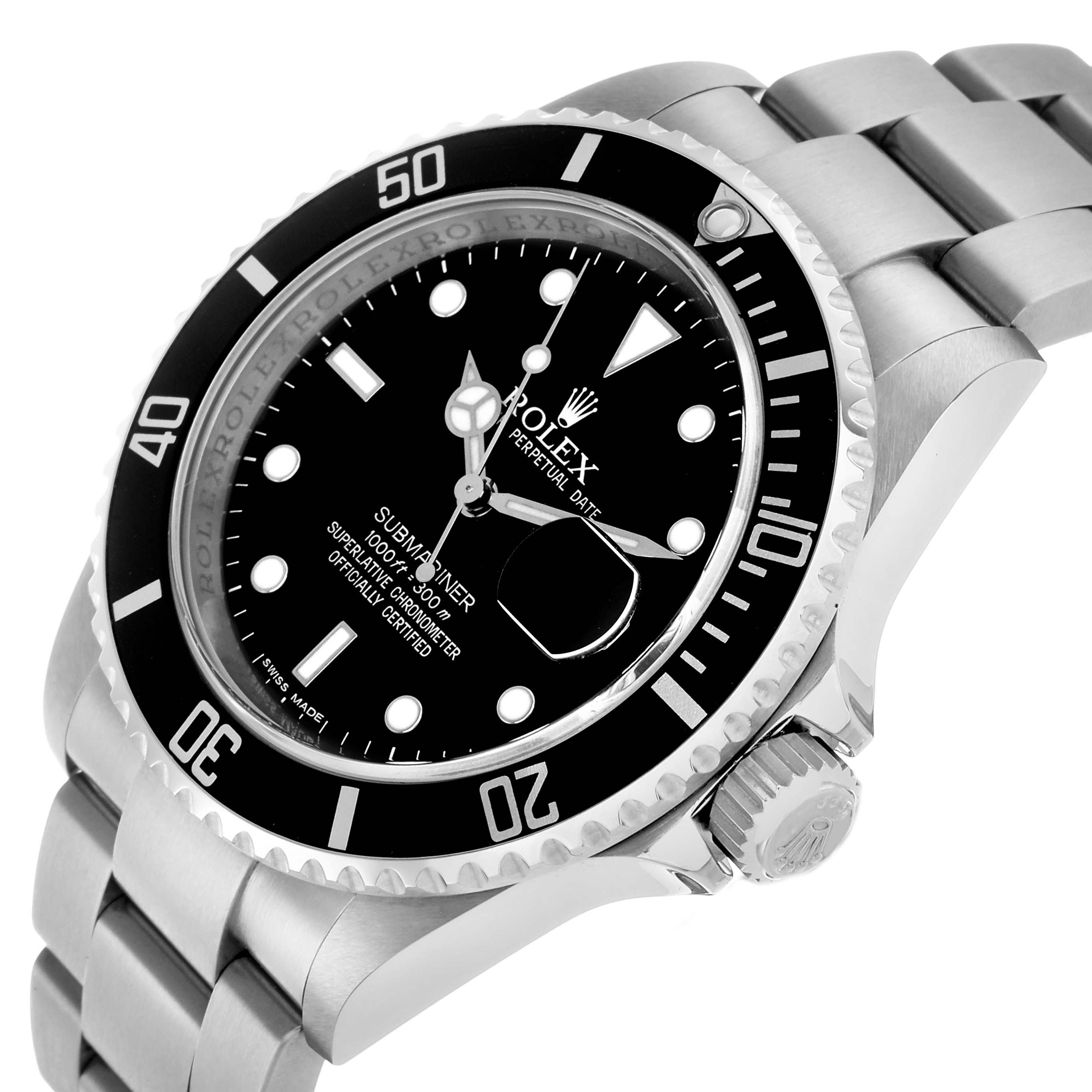 The Rolex Submariner 16610 Men's Stainless Steel Black Dial watch is shown at an angled close-up, displaying the bezel, dial, bracelet, and crown.