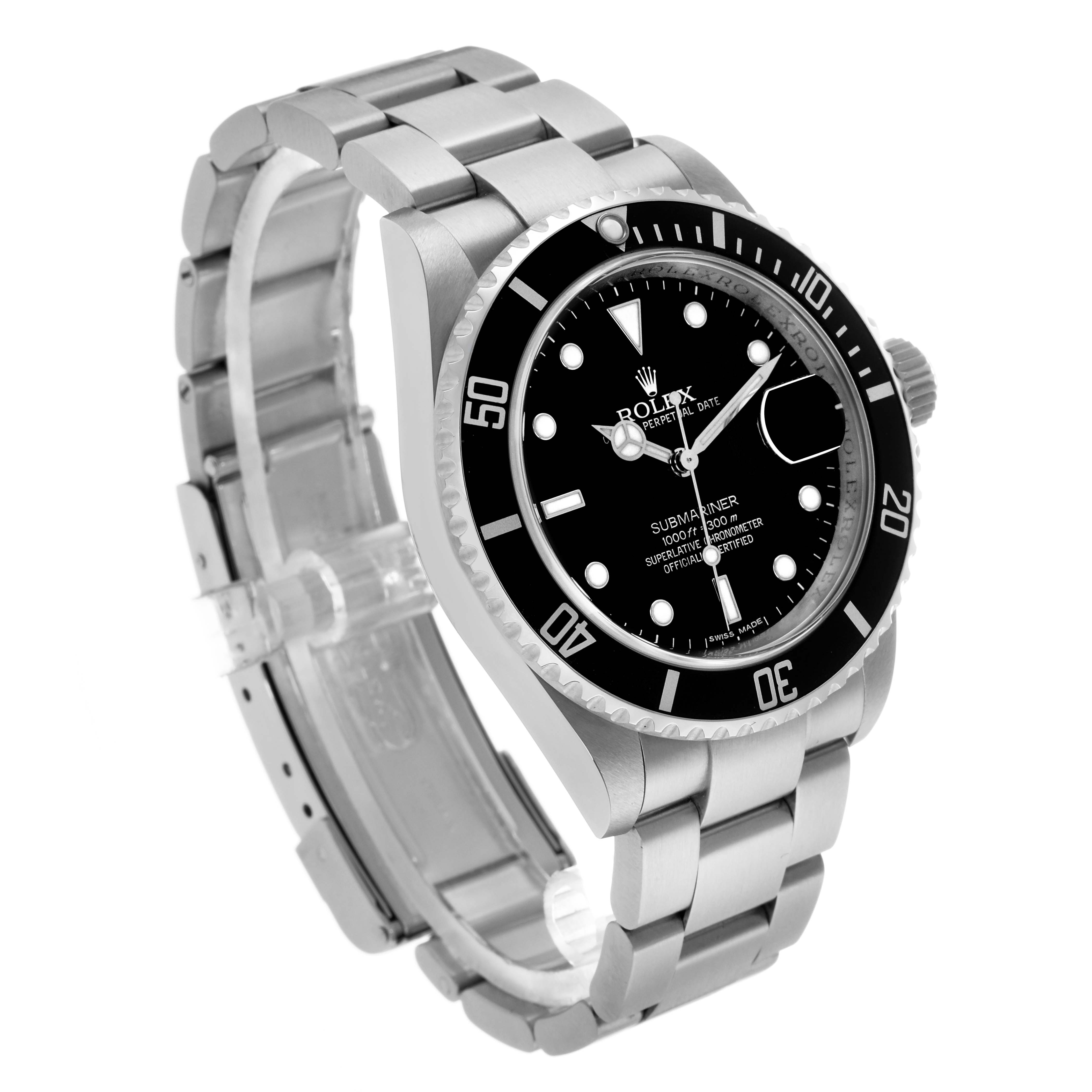 The Rolex Submariner 16610 Men's Stainless Steel Black Dial is shown at a three-quarter angle, displaying the dial, bezel, crown, and bracelet.