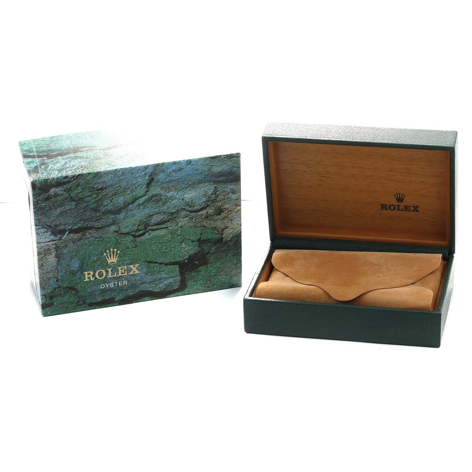 The image shows the packaging for a Rolex Submariner 16610 Men's Stainless Steel Black Dial, including an outer box and an open display box with a leather cushion.
