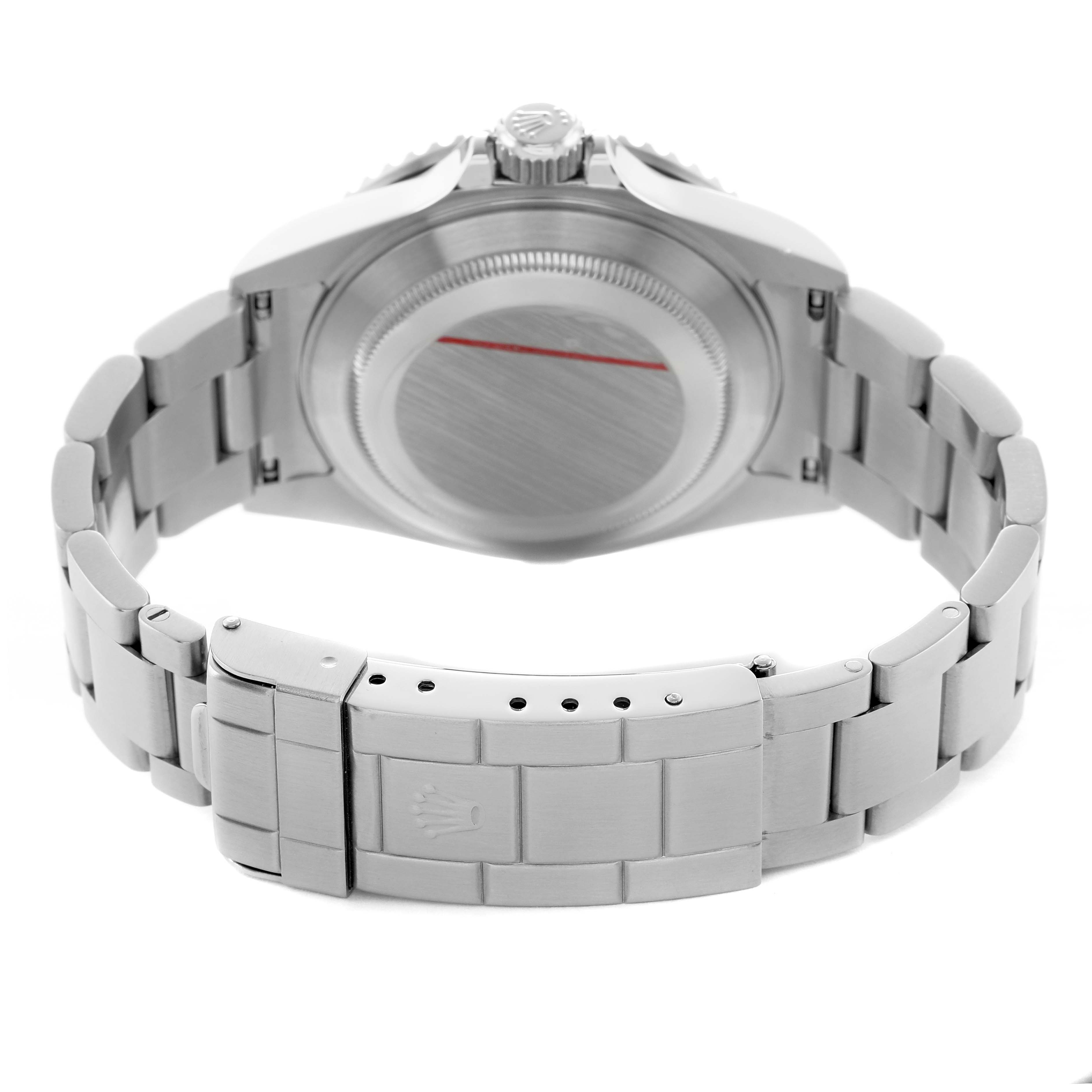 The image shows the back of a Rolex Submariner 16610 Men's Stainless Steel Black Dial watch, highlighting the case back, bracelet, and clasp.