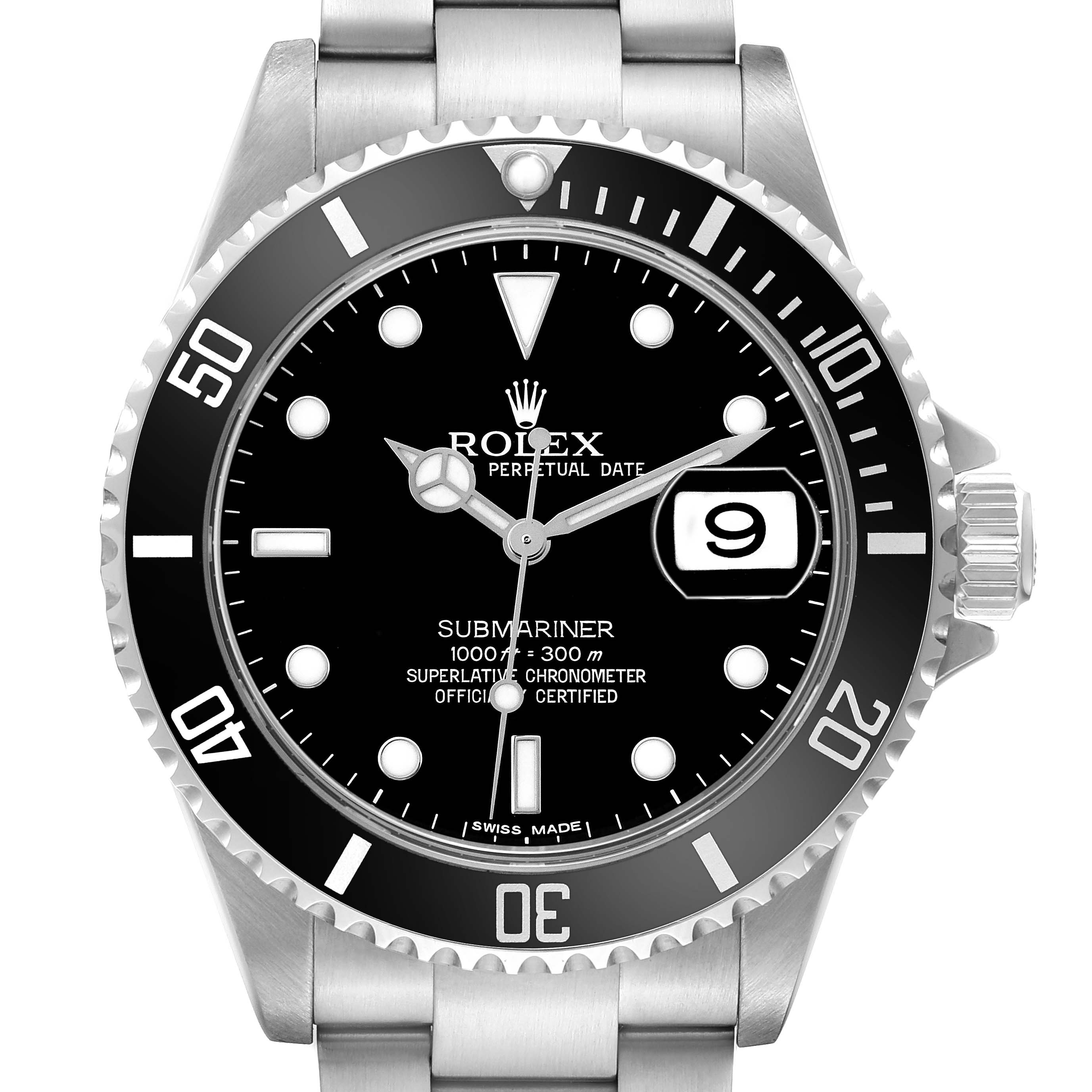 The Rolex Submariner 16610 Men's Stainless Steel Black Dial watch is shown from the front, displaying the bezel, dial, hands, and date window clearly.