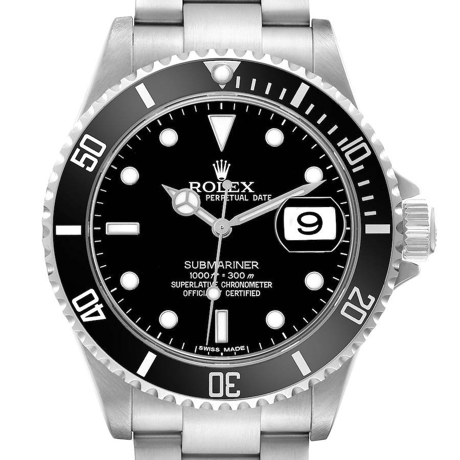 The Rolex Submariner 16610 Men's Stainless Steel Black Dial watch is shown from the front, displaying the bezel, dial, hands, and date window clearly.