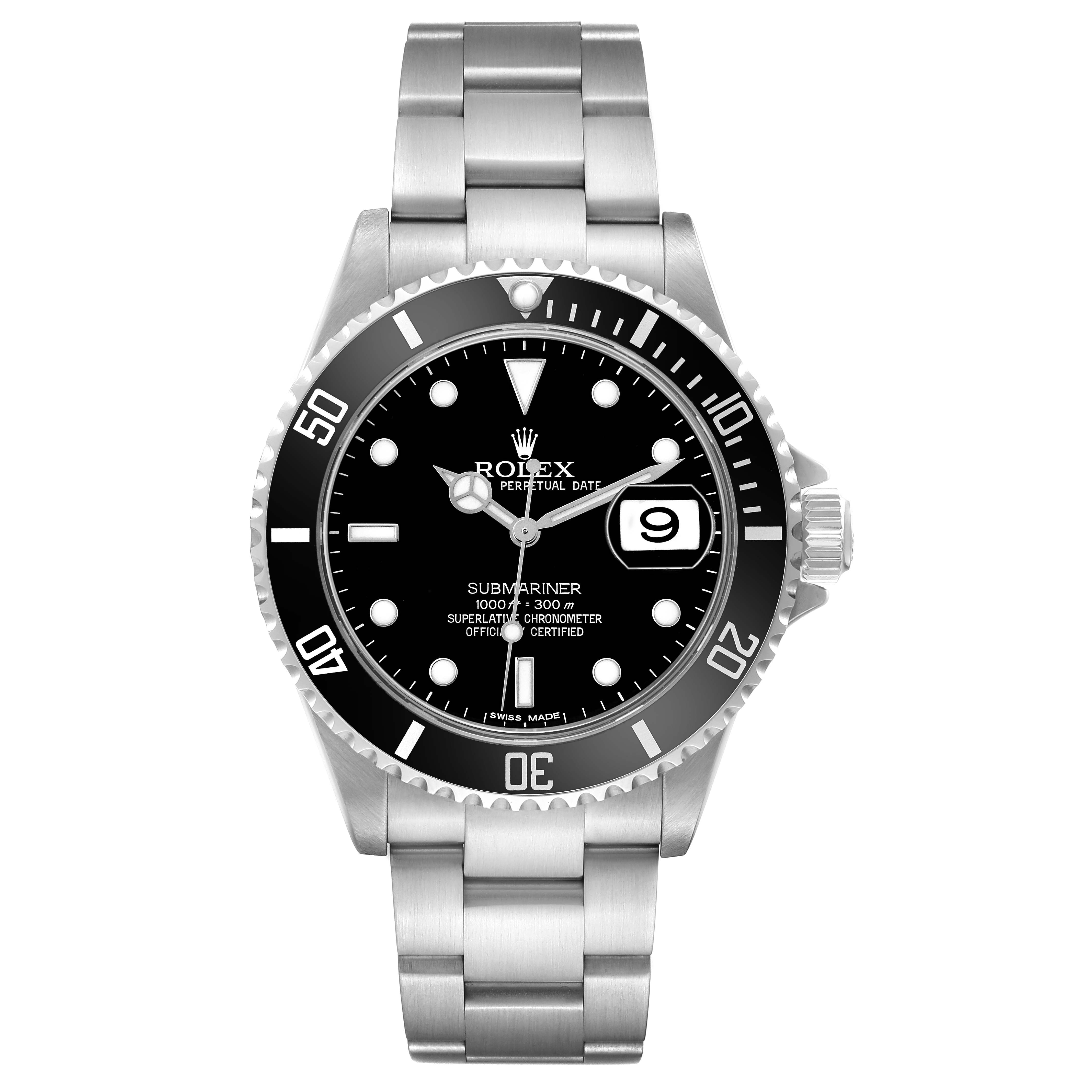 The Rolex Submariner 16610 Men's Stainless Steel Black Dial is shown from a front angle, displaying its bezel, dial, bracelet, and date window.