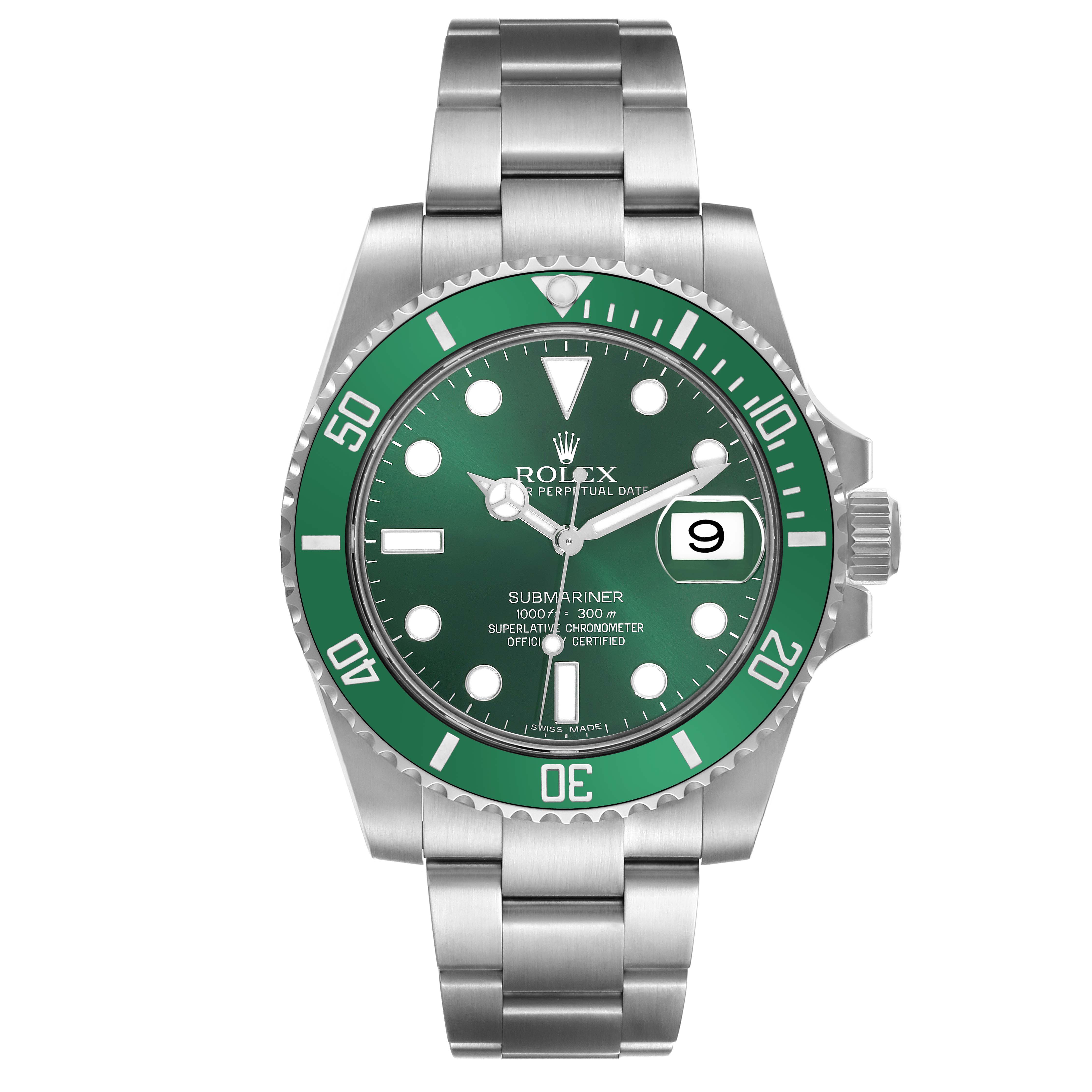 The image shows a front view of a Rolex Submariner 116610LV Men's Stainless Steel Green Dial 116610LV Men's Stainless Steel Green Dial watch, highlighting its green bezel, dial, and metal bracelet.