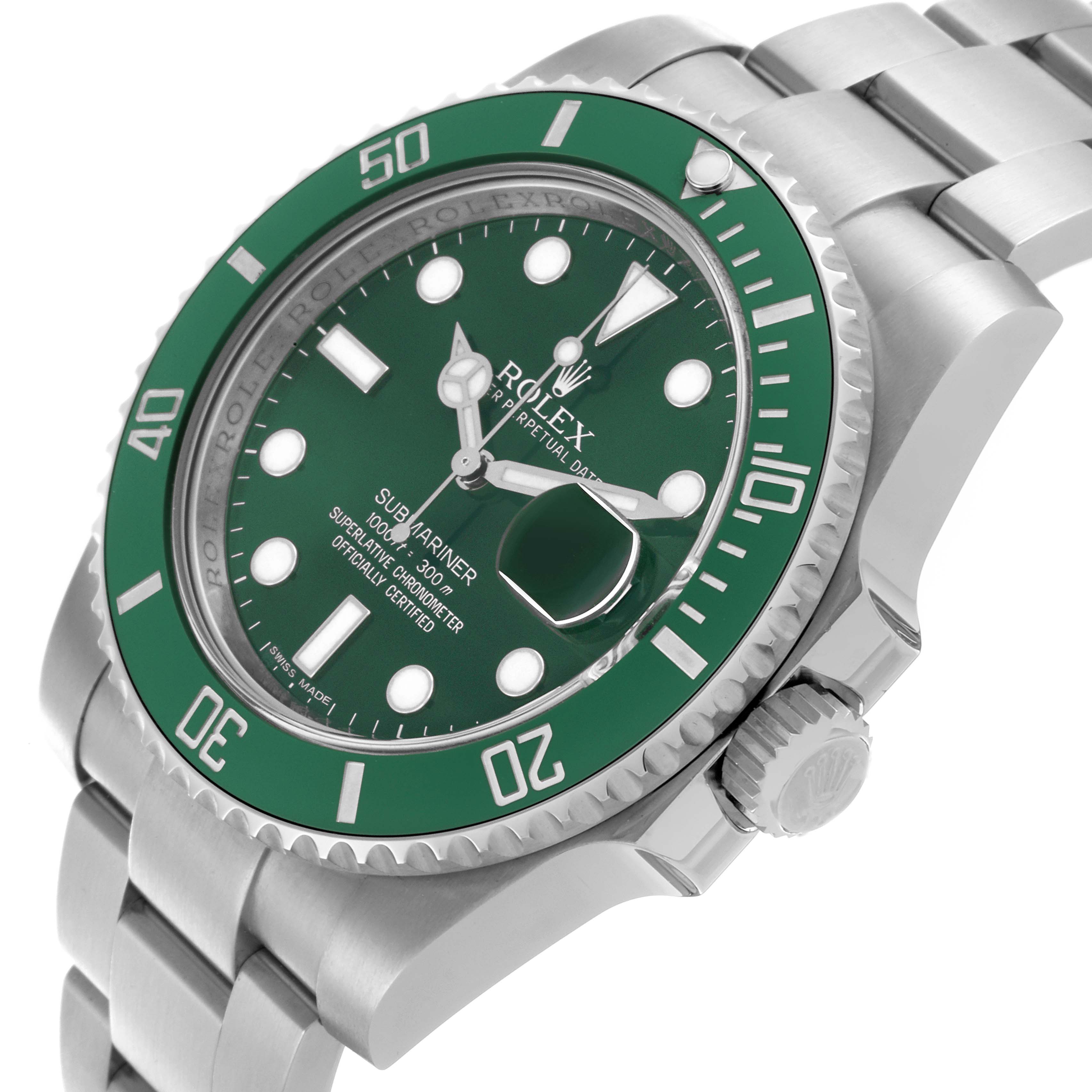 The Rolex Submariner 116610LV Men's Stainless Steel Green Dial 116610LV Men's Stainless Steel Green Dial is shown at an angled close-up, highlighting the green bezel, dial, case, and bracelet.