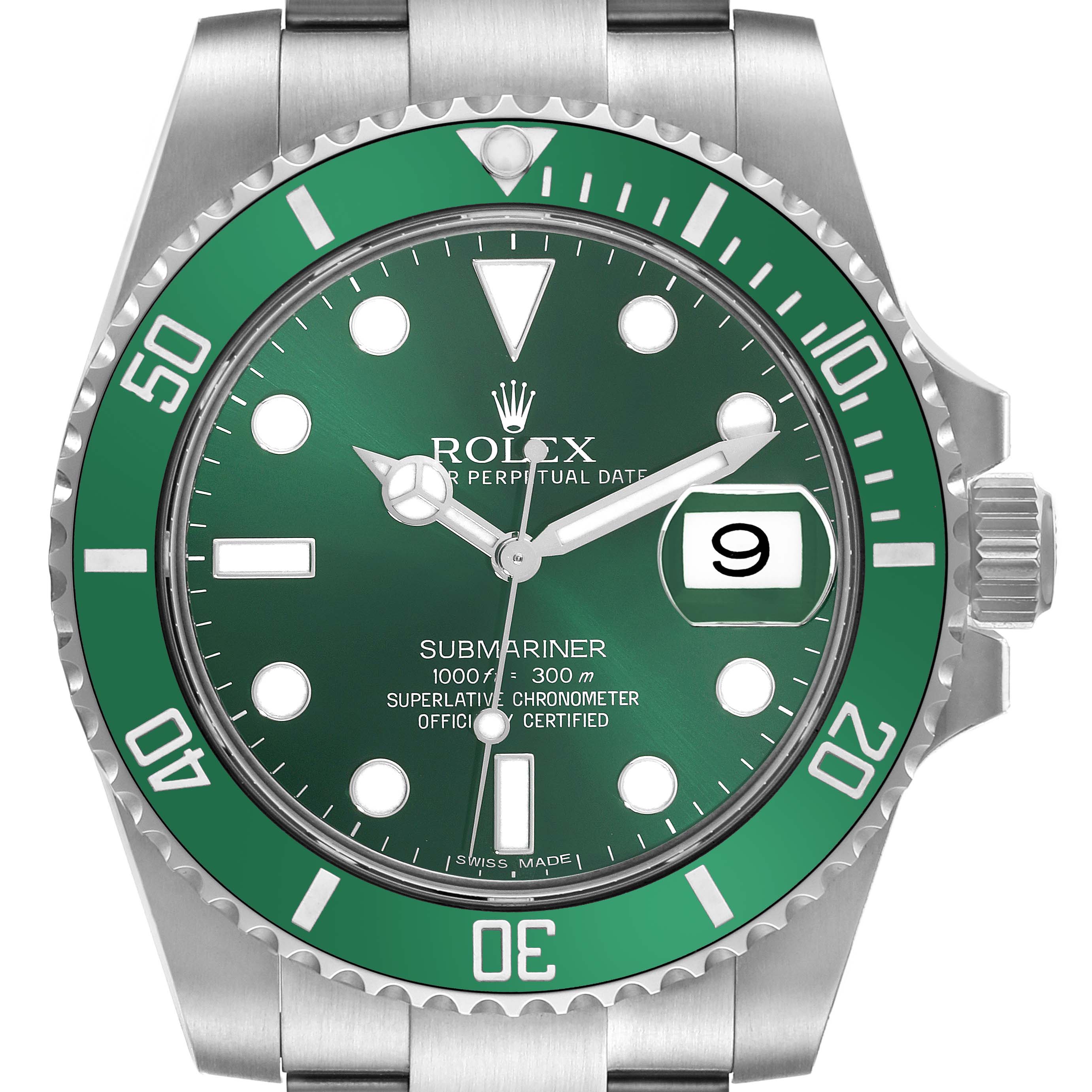 The image shows a front view of a Rolex Submariner 116610LV Men's Stainless Steel Green Dial 116610LV Men's Stainless Steel Green Dial, highlighting its green bezel, dial, and date feature.