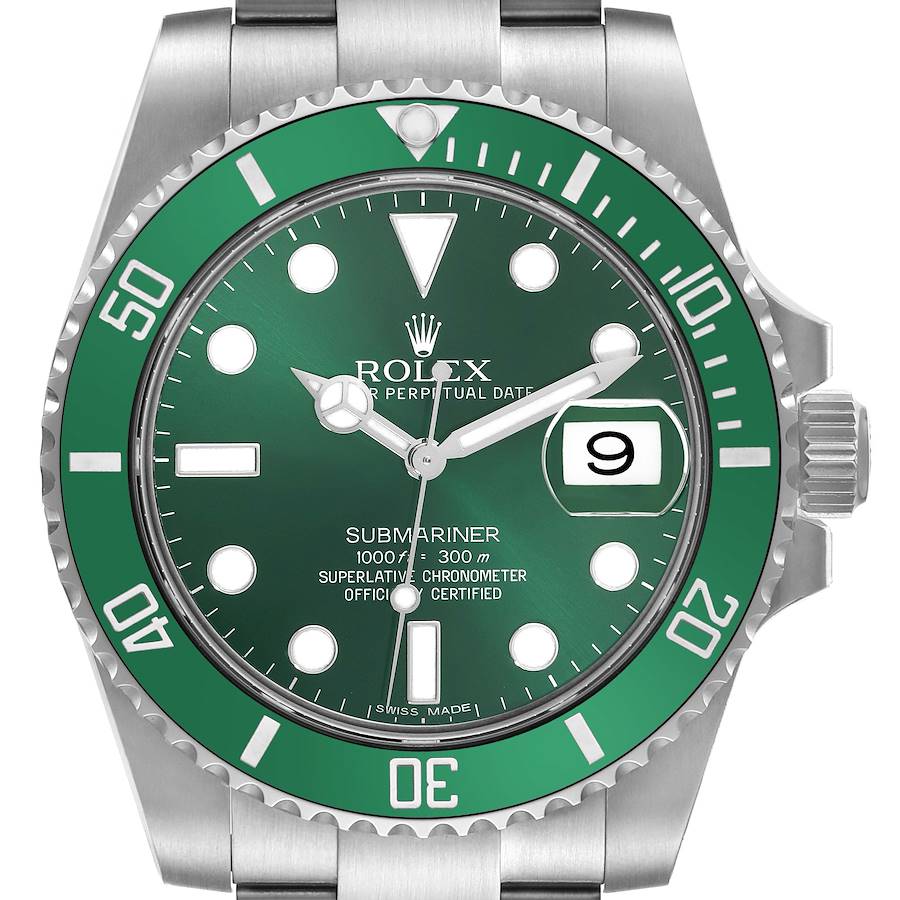 The image shows a front view of a Rolex Submariner, highlighting its green bezel, dial, and date feature.