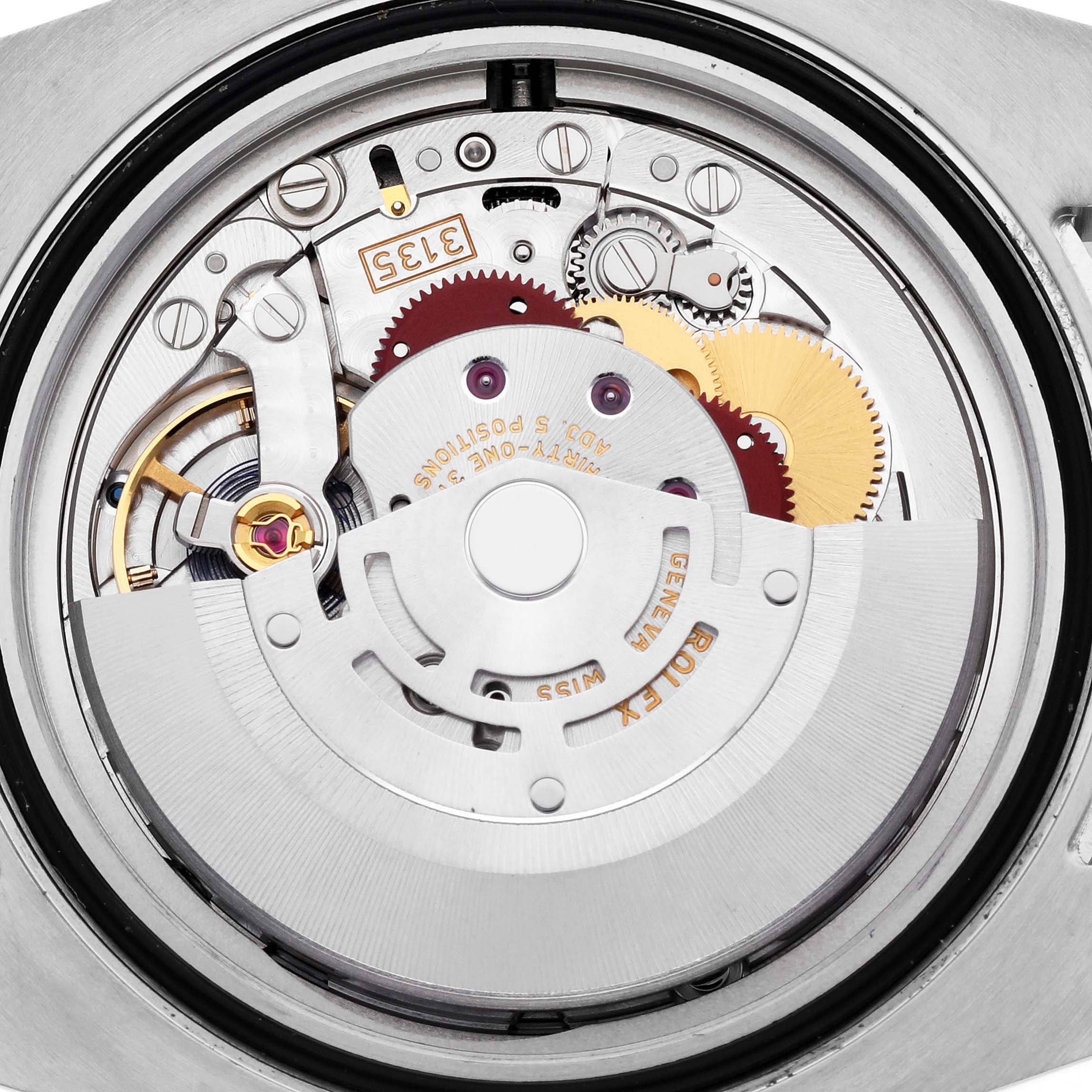 The image shows the movement and internal mechanics of a Rolex Submariner 116610LV Men's Stainless Steel Green Dial 116610LV Men's Stainless Steel Green Dial watch from a top-down angle.
