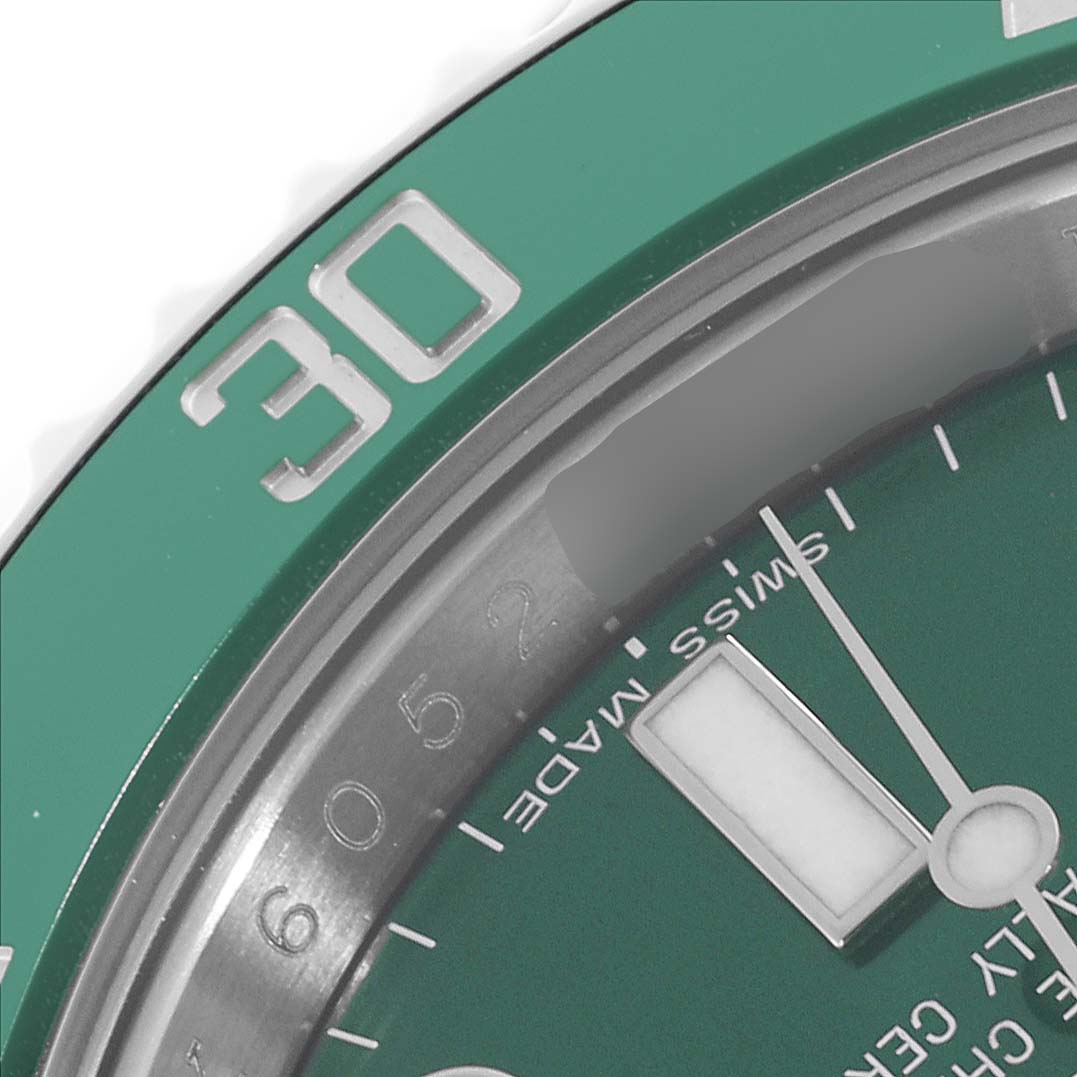 The image shows a close-up of the dial and bezel of a Rolex Submariner 116610LV Men's Stainless Steel Green Dial 116610LV Men's Stainless Steel Green Dial, highlighting the green "30" marker.