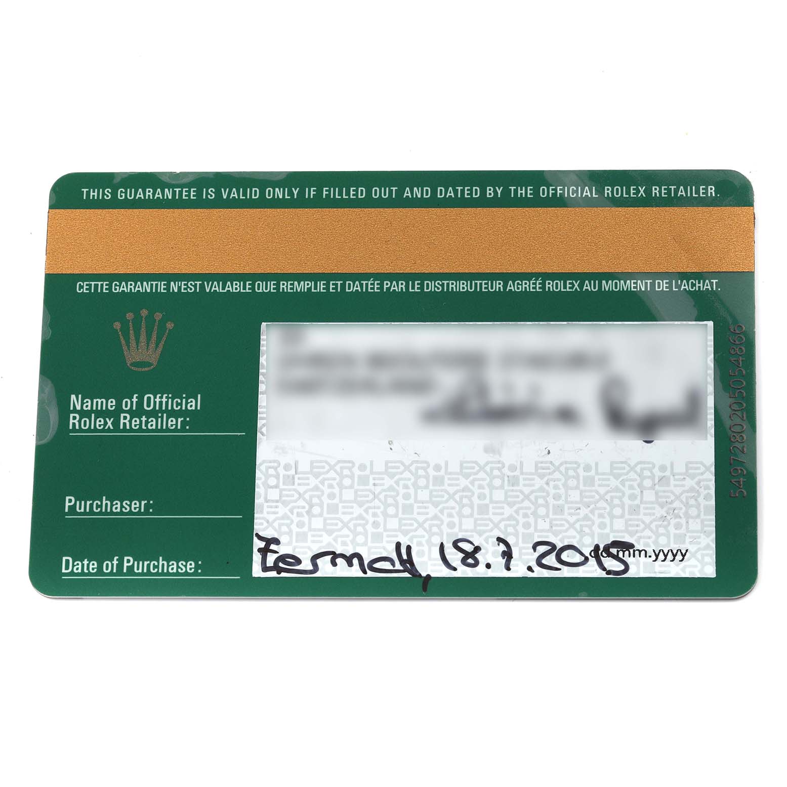 The image shows a warranty card for a Rolex Submariner 116610LV Men's Stainless Steel Green Dial 116610LV Men's Stainless Steel Green Dial, detailing purchase specifics.