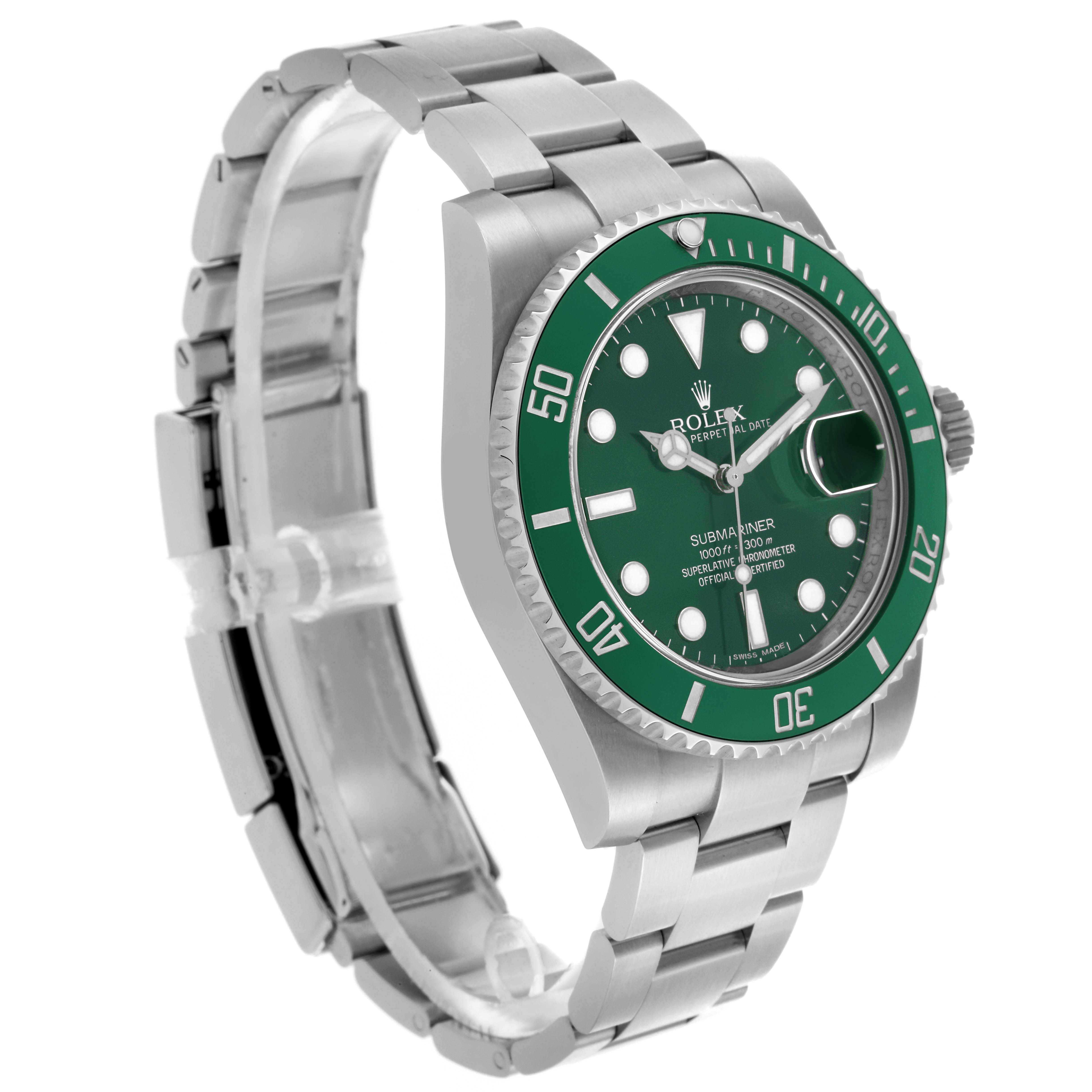 The image shows a side angle of the Rolex Submariner 116610LV Men's Stainless Steel Green Dial 116610LV Men's Stainless Steel Green Dial, highlighting the green bezel, bracelet, and crown.