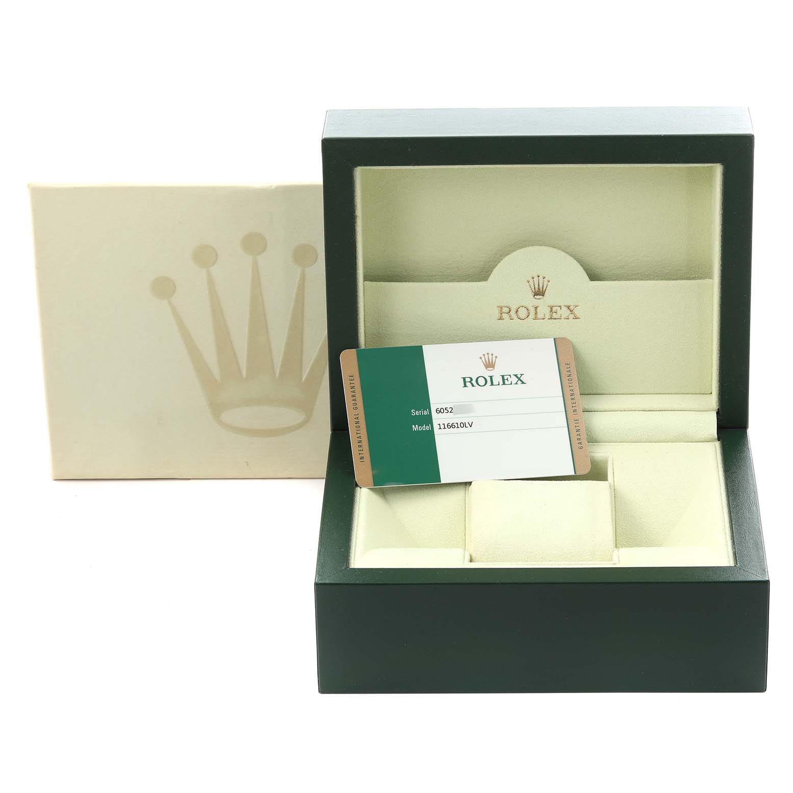 The image shows a Rolex Submariner 116610LV Men's Stainless Steel Green Dial 116610LV Men's Stainless Steel Green Dial box and authentication card from a frontal angle.