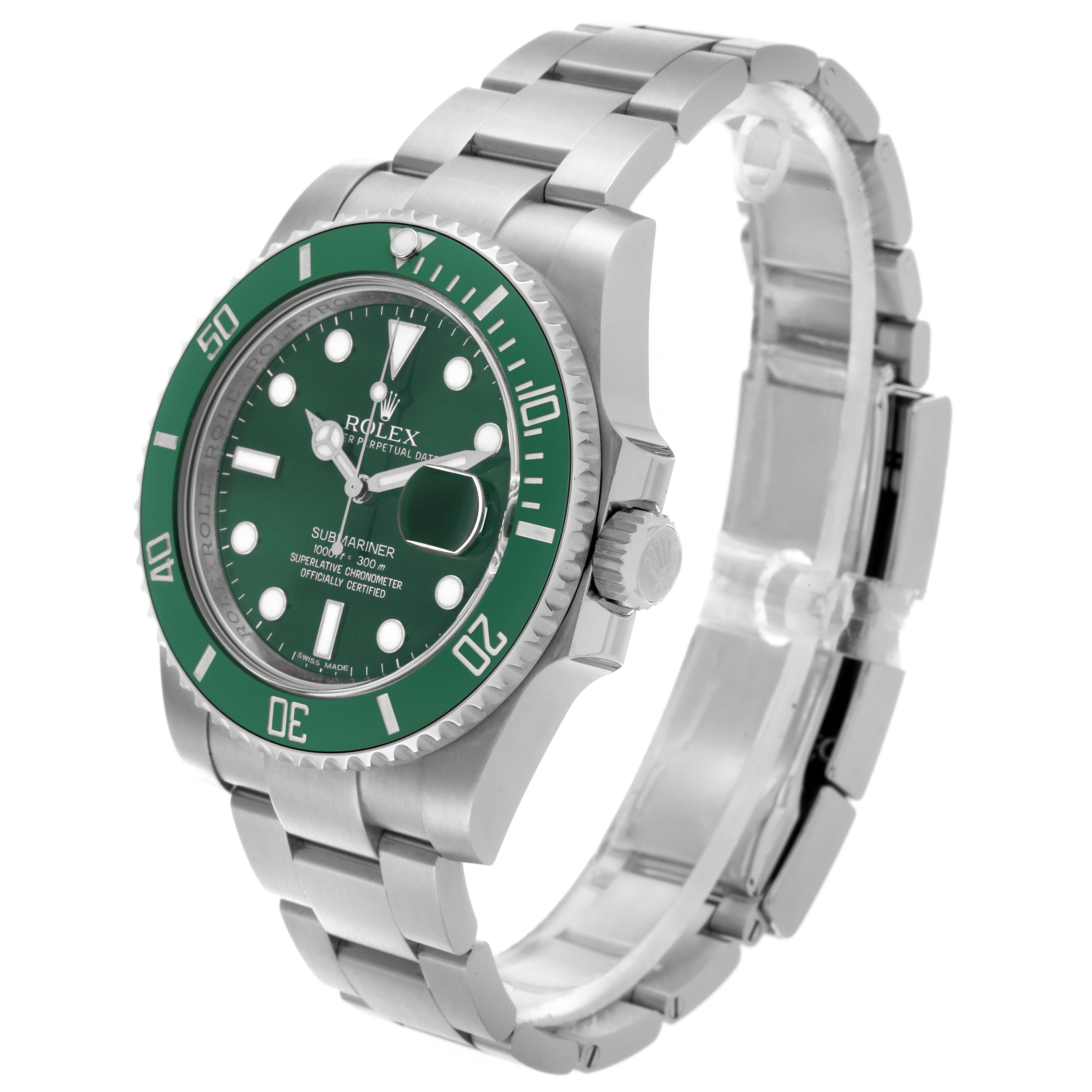 The Rolex Submariner 116610LV Men's Stainless Steel Green Dial 116610LV Men's Stainless Steel Green Dial is shown from a front angle, displaying the green bezel, dial, and stainless steel bracelet.