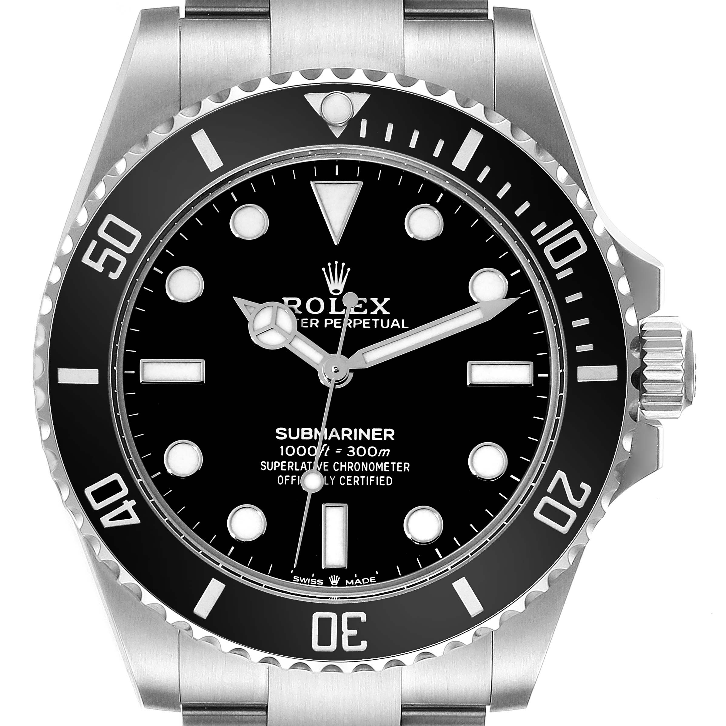 The image shows a frontal view of a Rolex Submariner 124060 Men
s Stainless Steel Black Dial 124060 Men
s Stainless Steel Black Dial watch displaying the dial, bezel, crown, and part of the bracelet.
