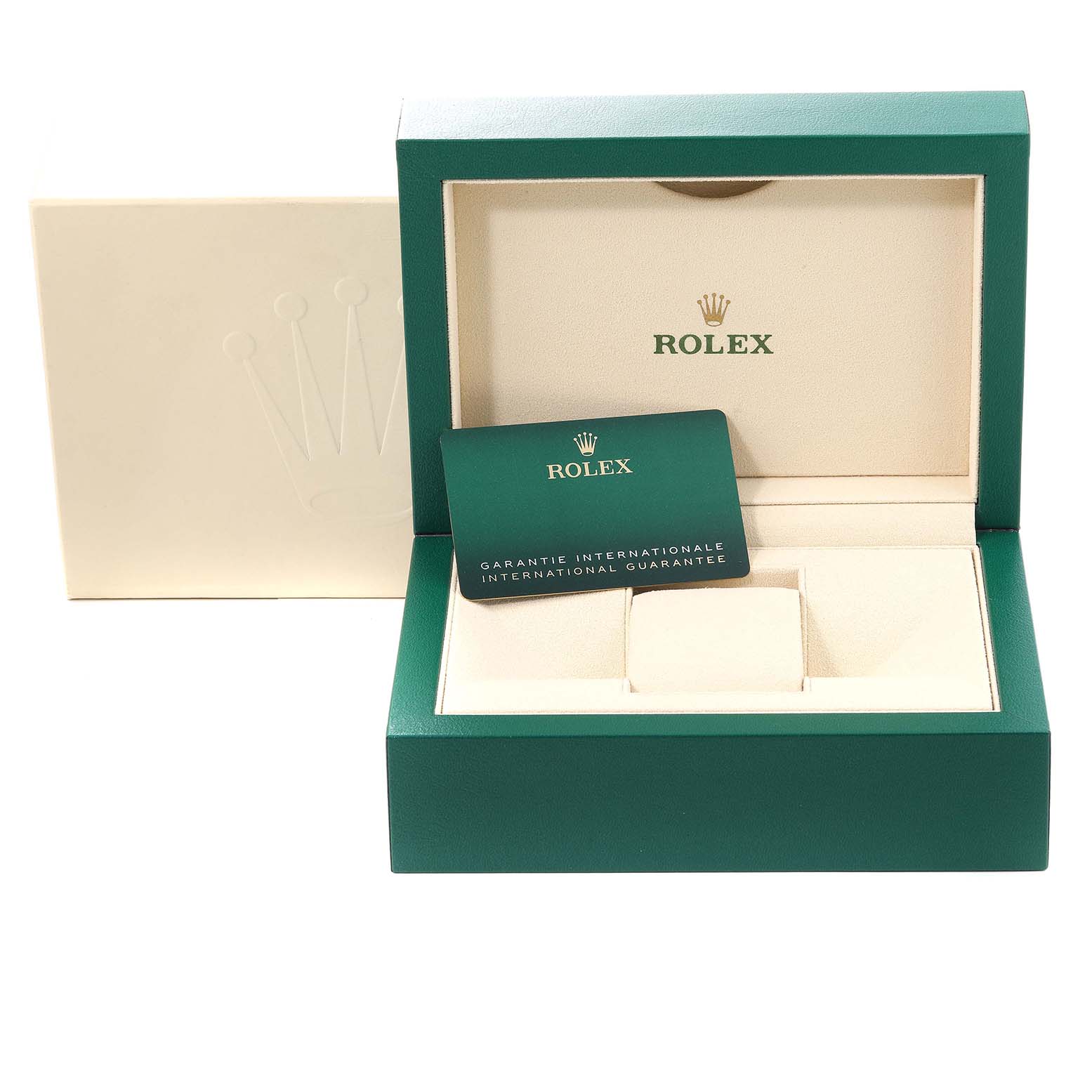 This image shows a Rolex box for the Submariner model, complete with the inner cushion and warranty card holder.