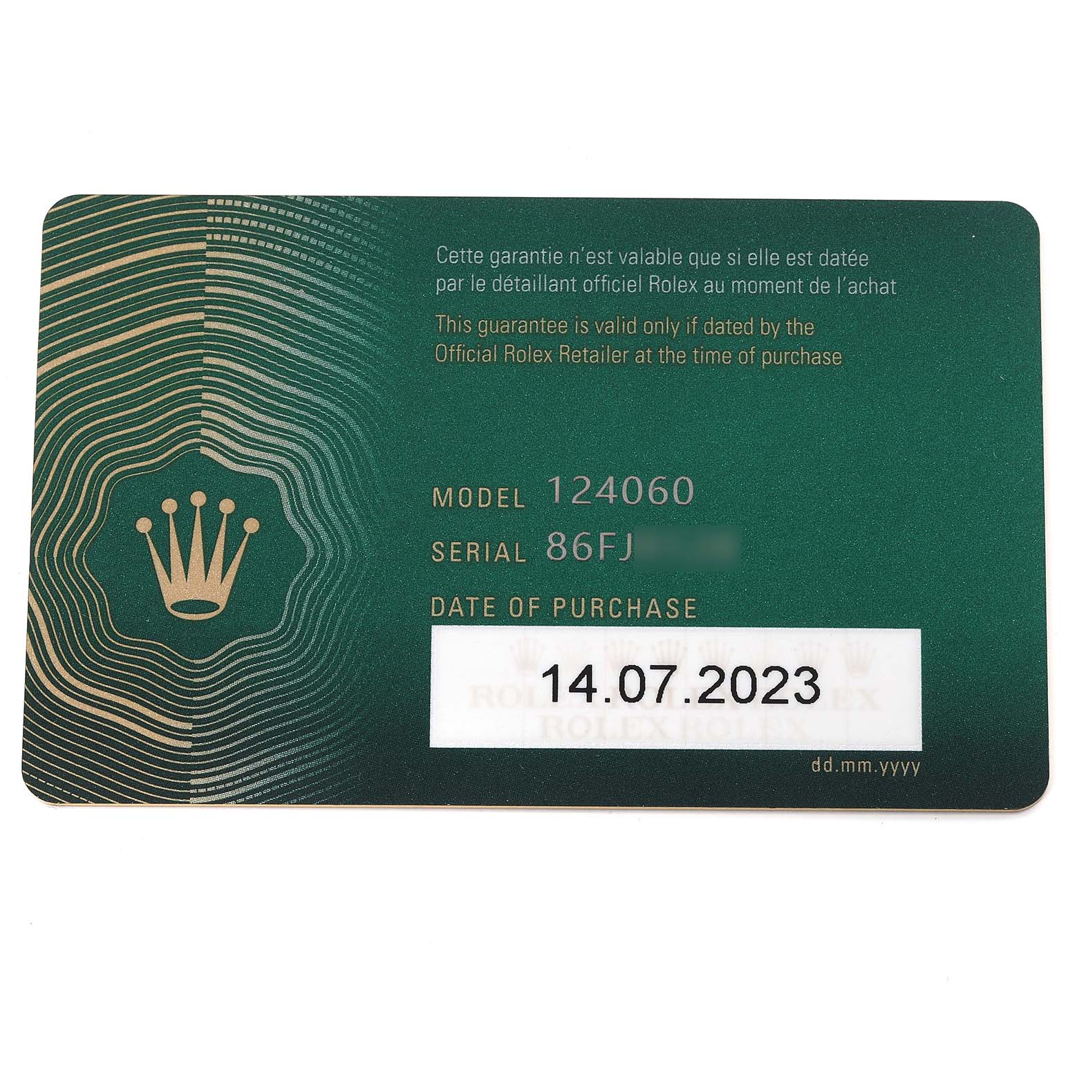 The image shows the warranty card for the Rolex Submariner 124060 Men
s Stainless Steel Black Dial 124060 Men
s Stainless Steel Black Dial model 124060, including the model, serial number, and purchase date.
