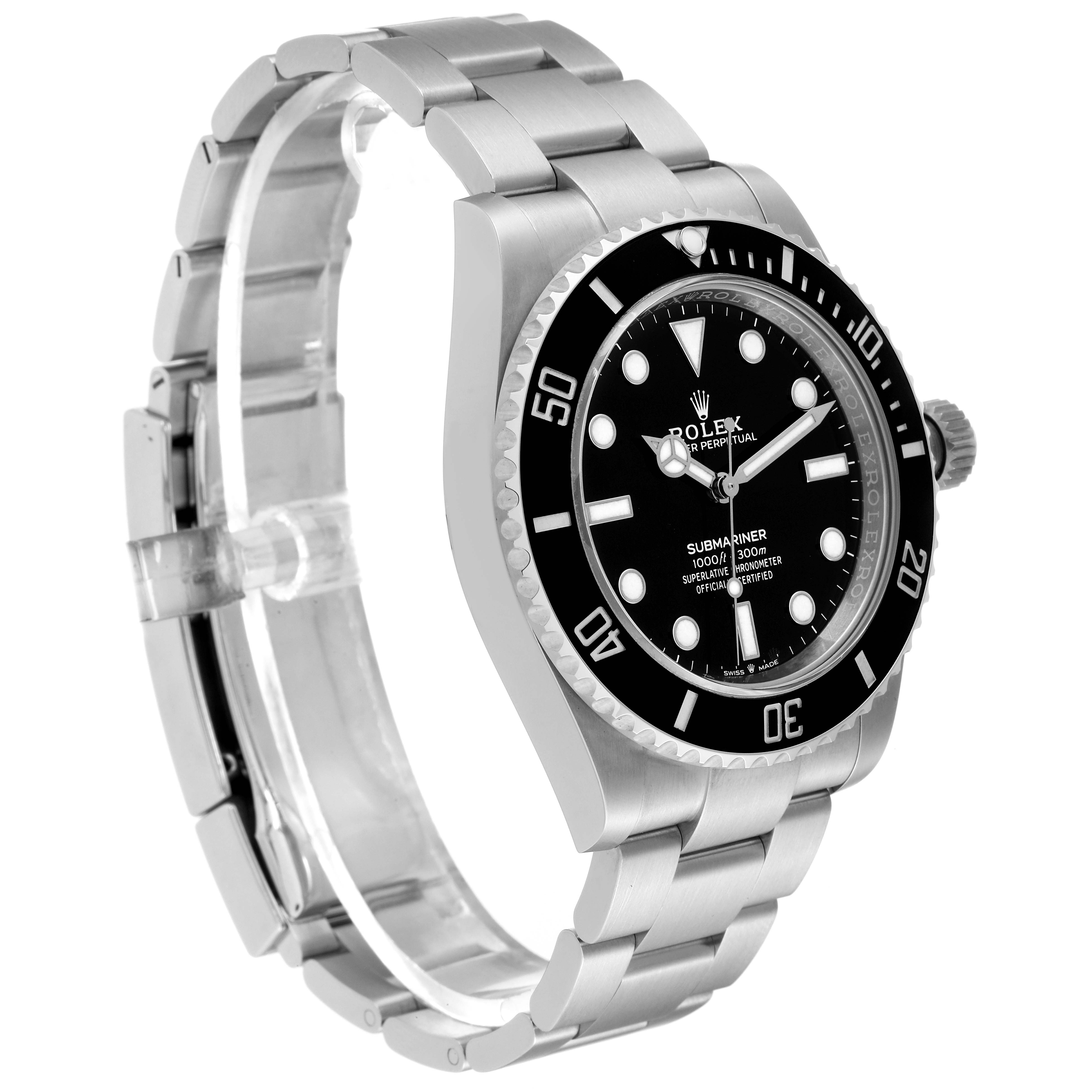 The image shows a side and slightly angled view of a Rolex Submariner 124060 Men
s Stainless Steel Black Dial 124060 Men
s Stainless Steel Black Dial watch, featuring the bracelet, bezel, dial, and crown.