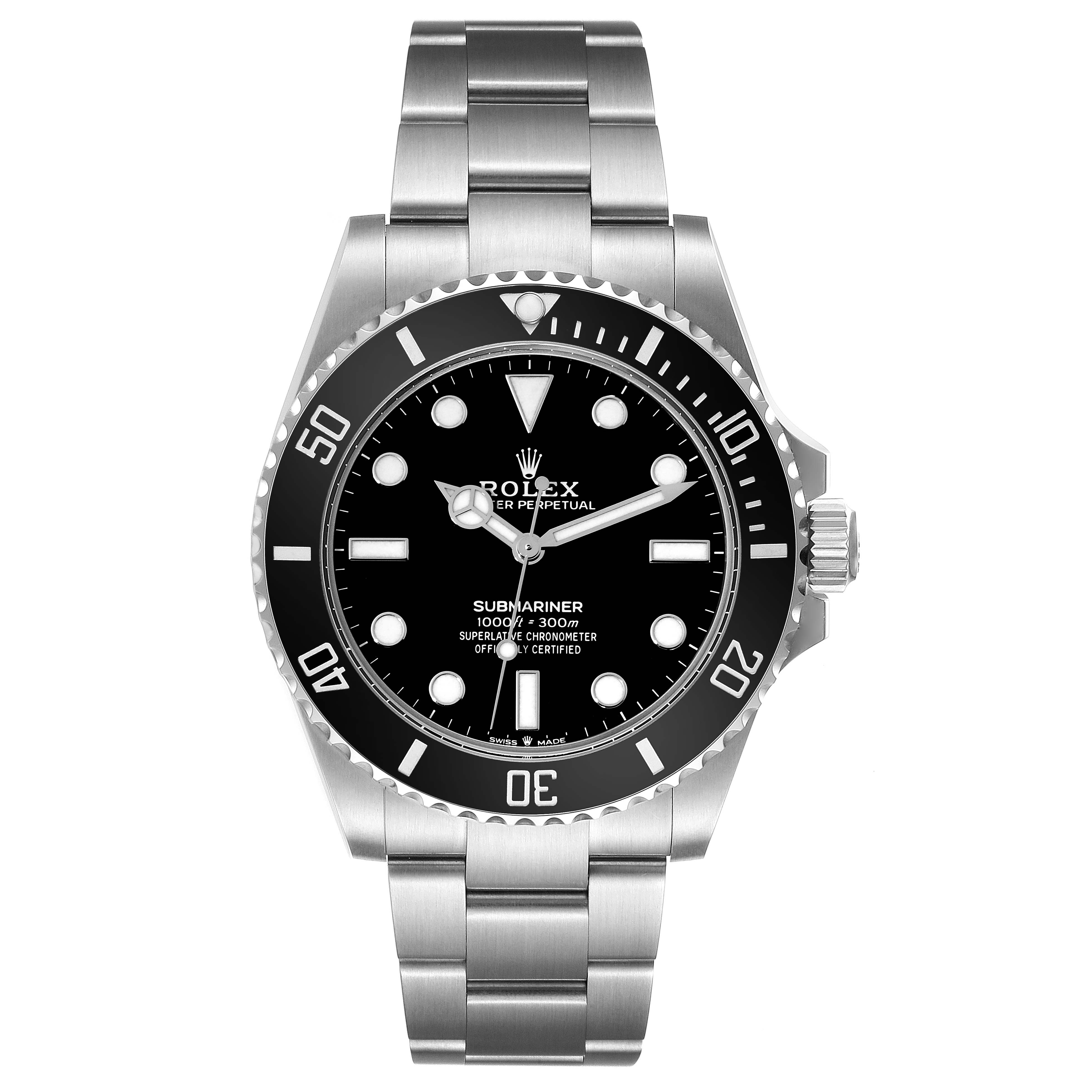 The image shows a frontal view of the Rolex Submariner 124060 Men
s Stainless Steel Black Dial 124060 Men
s Stainless Steel Black Dial, displaying its bracelet, bezel, crown, and dial.