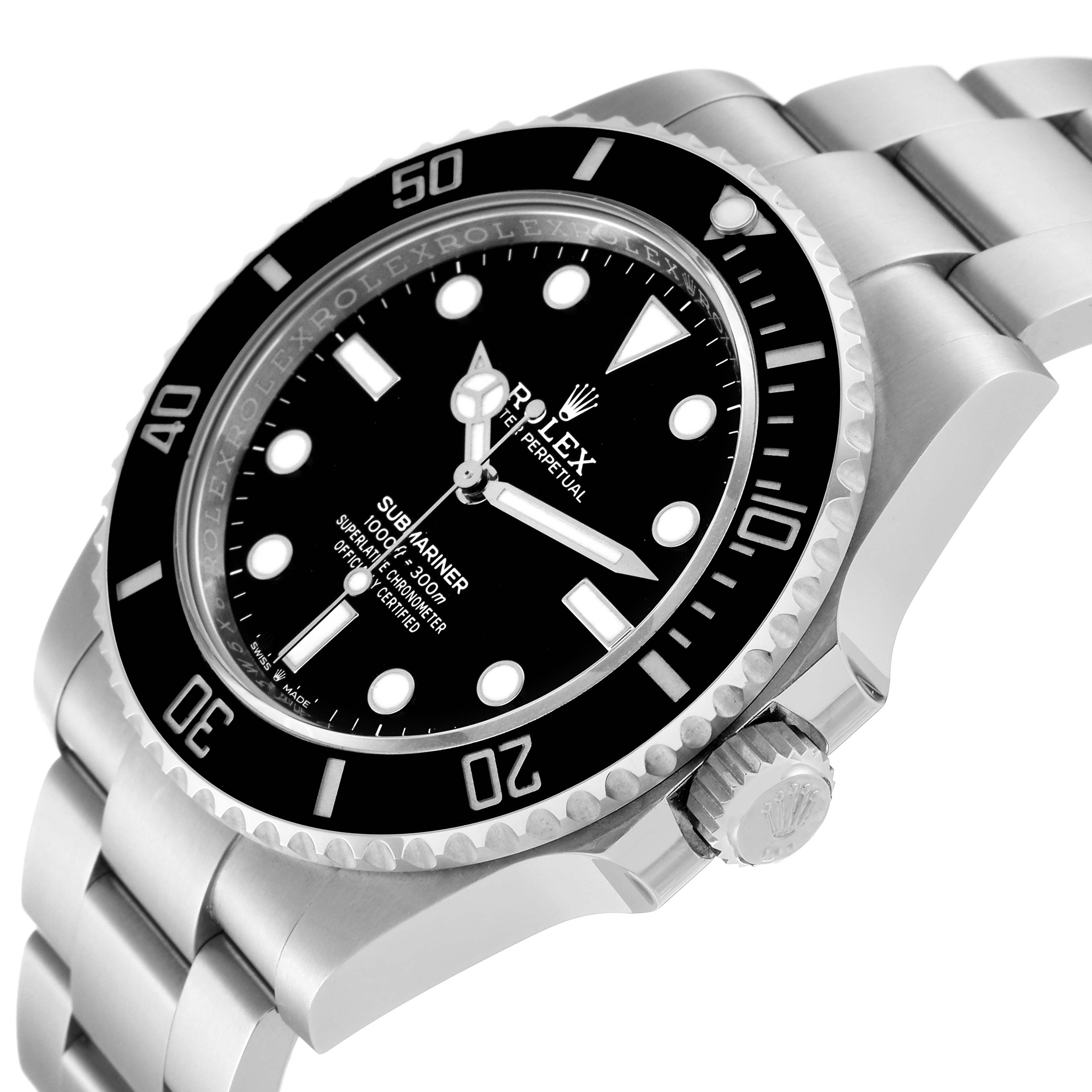 The image shows a Rolex Submariner 124060 Men's Stainless Steel Black Dial watch at a slight angle, highlighting the bezel, dial, crown, and part of the bracelet.