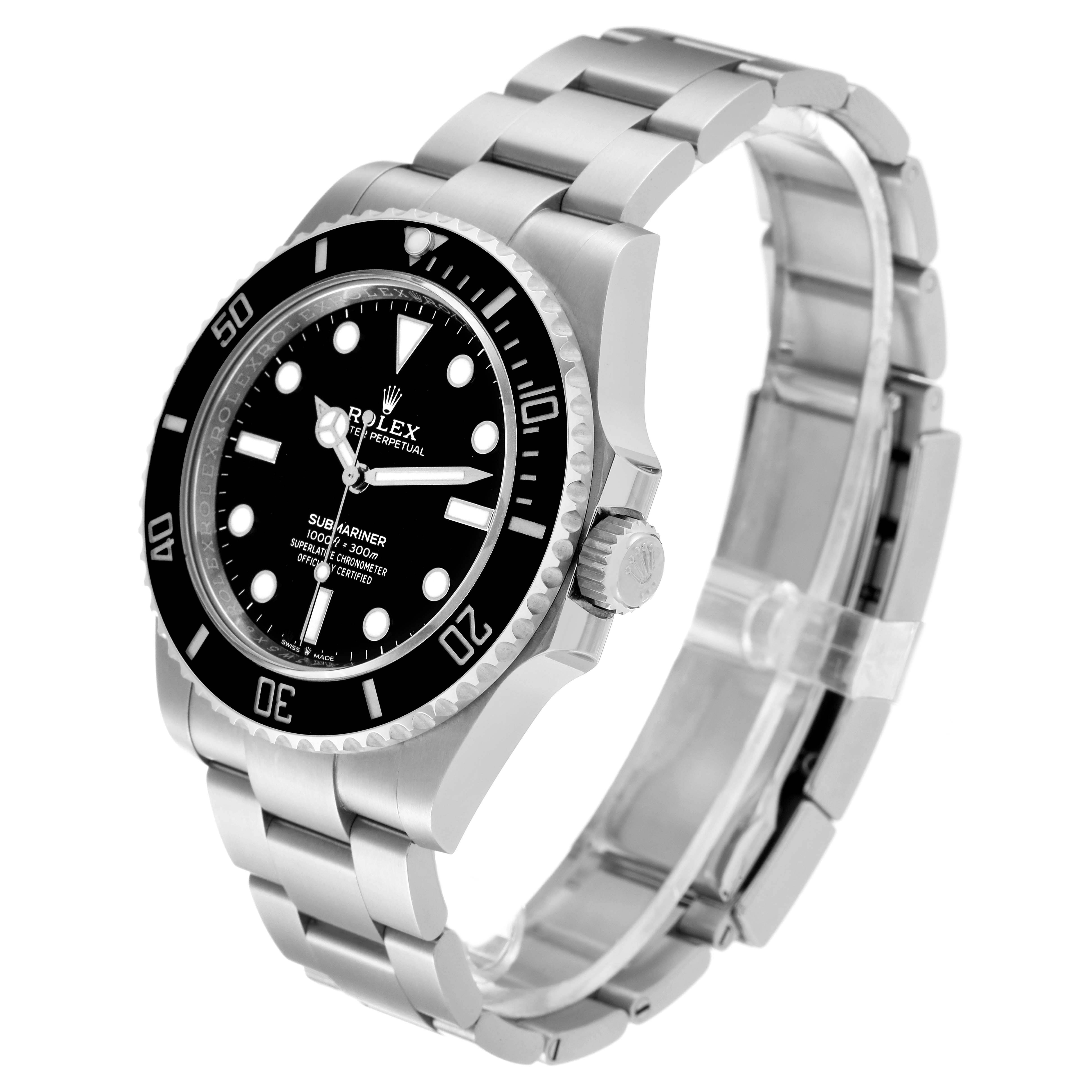 The Rolex Submariner 124060 Men's Stainless Steel Black Dial watch is shown at a three-quarter angle, displaying the bezel, face, bracelet, and crown.