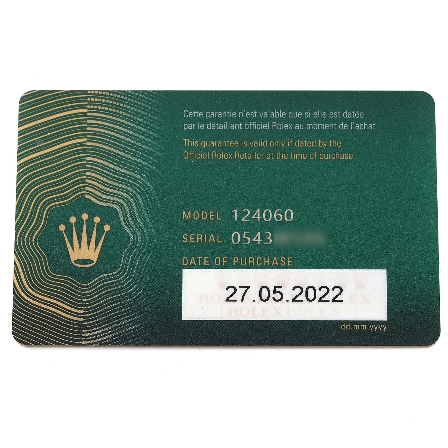 This image shows a Rolex Submariner 124060 Men's Stainless Steel Black Dial model 124060 warranty card, displaying model, serial number, and purchase date.