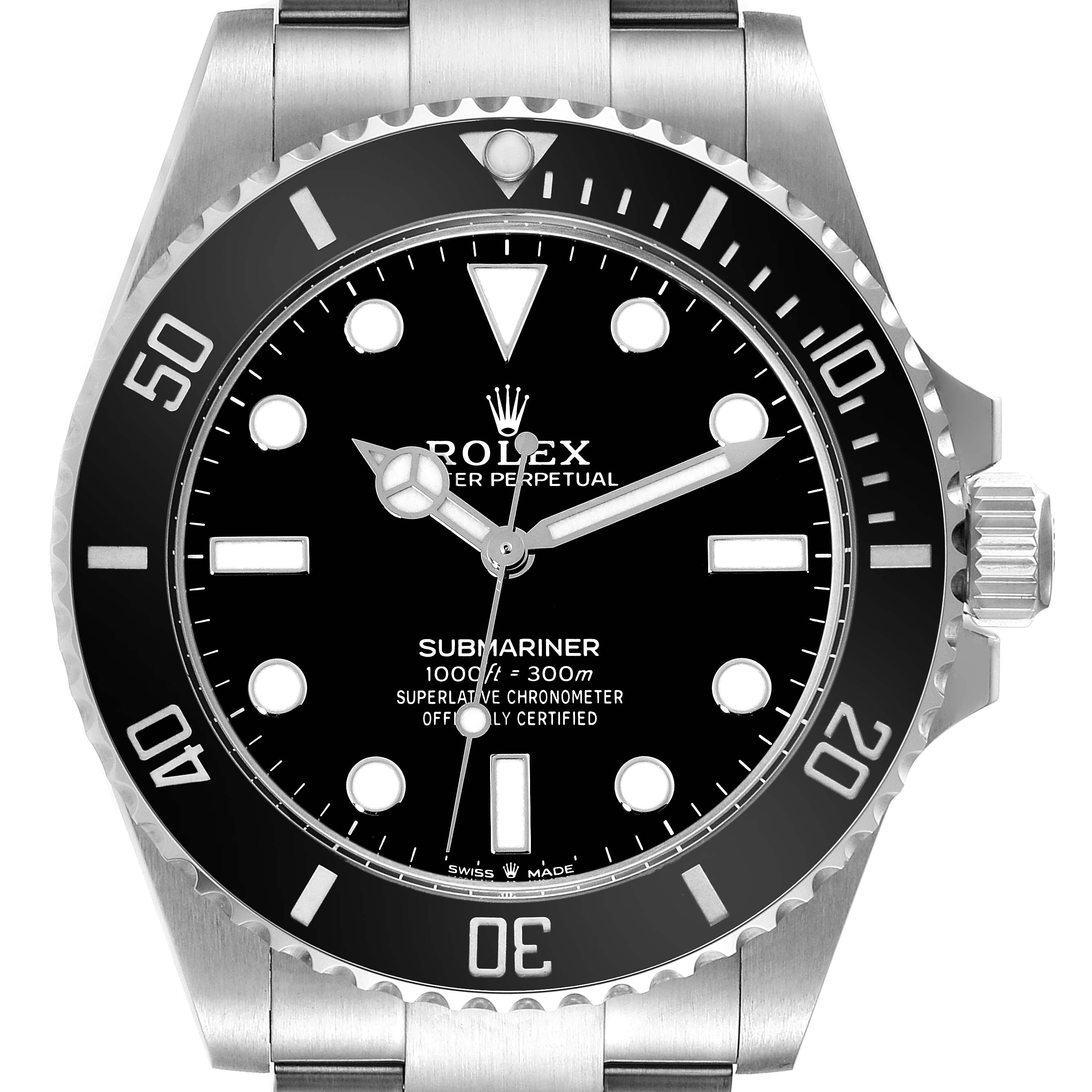 The image shows a frontal view of a Rolex Submariner 124060 Men
s Stainless Steel Black Dial 124060 Men
s Stainless Steel Black Dial watch, highlighting the dial, bezel, crown, and part of the bracelet.