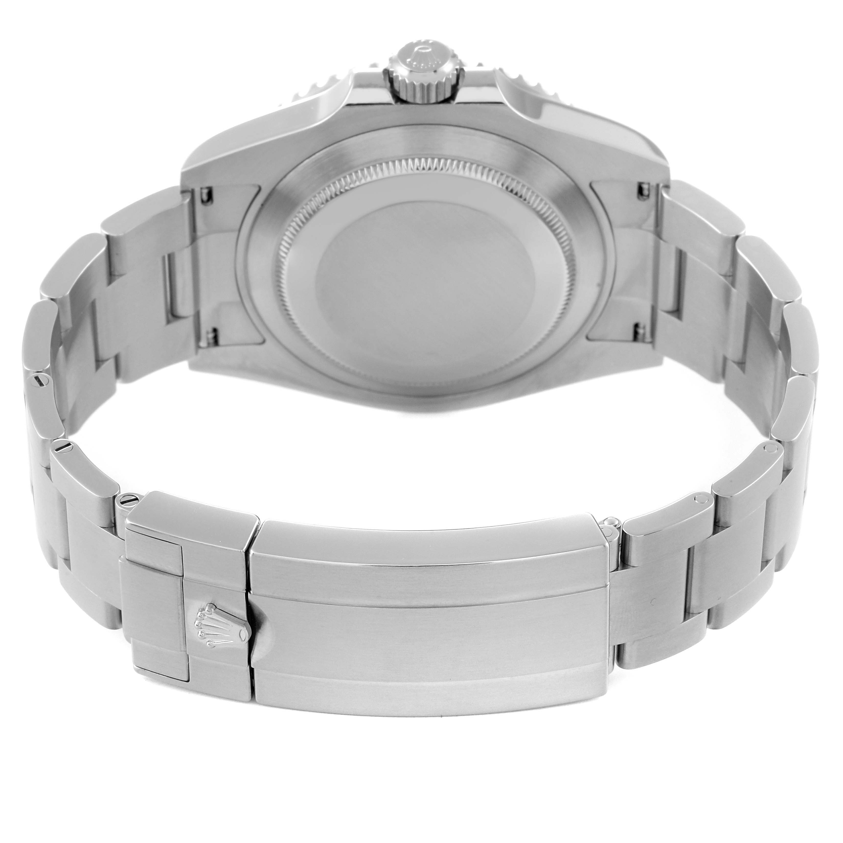 The image shows the back view of a Rolex Submariner 124060 Men
s Stainless Steel Black Dial 124060 Men
s Stainless Steel Black Dial, focusing on the bracelet, clasp, and caseback.