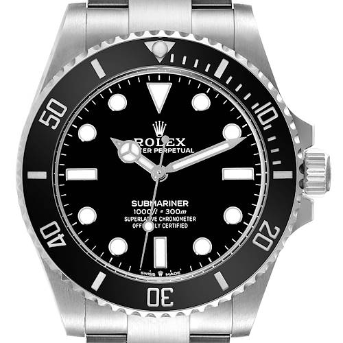 A front view of a Rolex Submariner showing the dial, bezel, hands, and part of the bracelet.