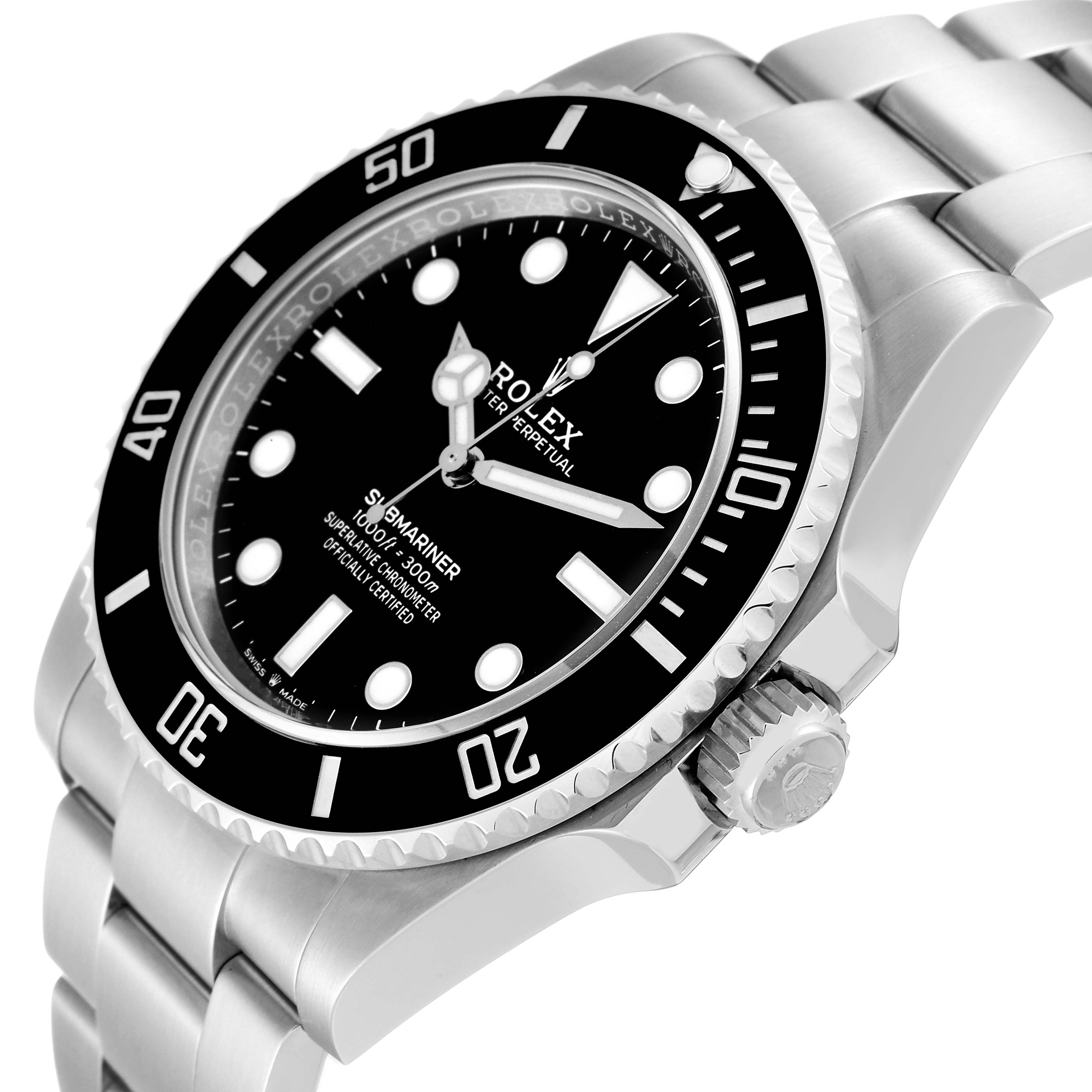 This image shows a close-up side view of a Rolex Submariner 124060 Men
s Stainless Steel Black Dial 124060 Men
s Stainless Steel Black Dial watch, highlighting the dial, bezel, crown, and bracelet.