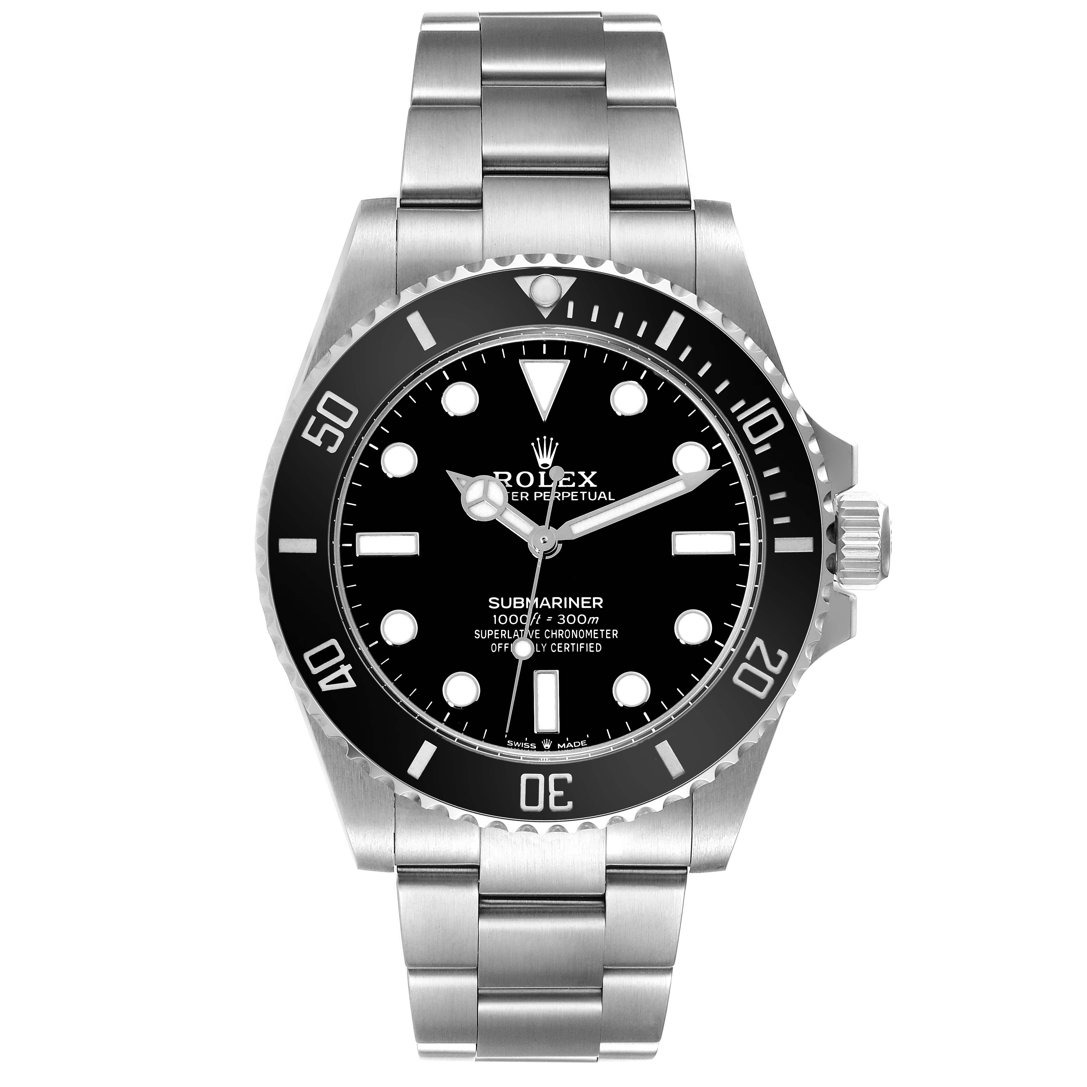 The image shows a front view of a Rolex Submariner 124060 Men
s Stainless Steel Black Dial 124060 Men
s Stainless Steel Black Dial watch, displaying its bezel, dial, hands, and bracelet.