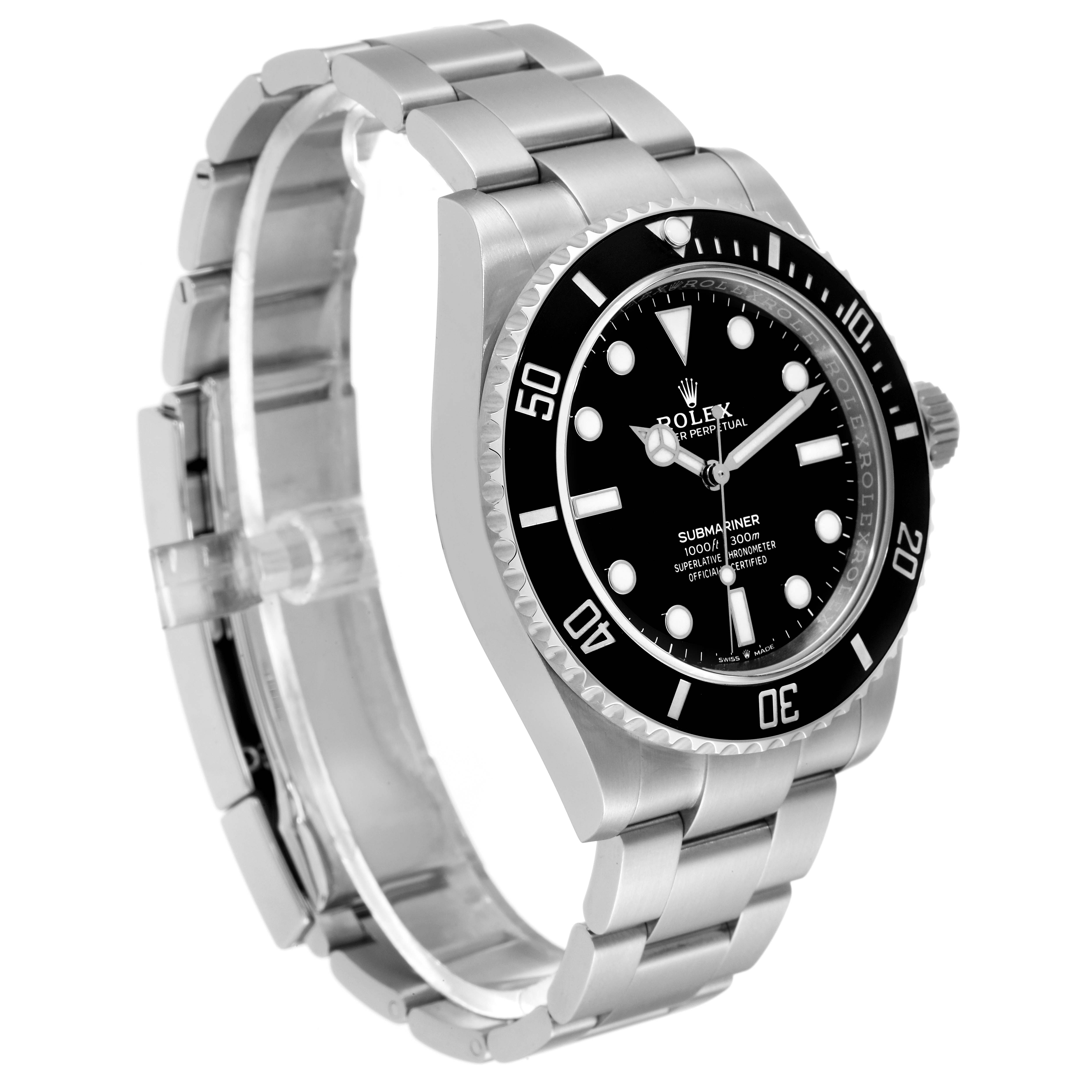 The image shows a side angle view of a Rolex Submariner 124060 Men
s Stainless Steel Black Dial 124060 Men
s Stainless Steel Black Dial, highlighting the stainless steel bracelet, bezel, dial, and crown.