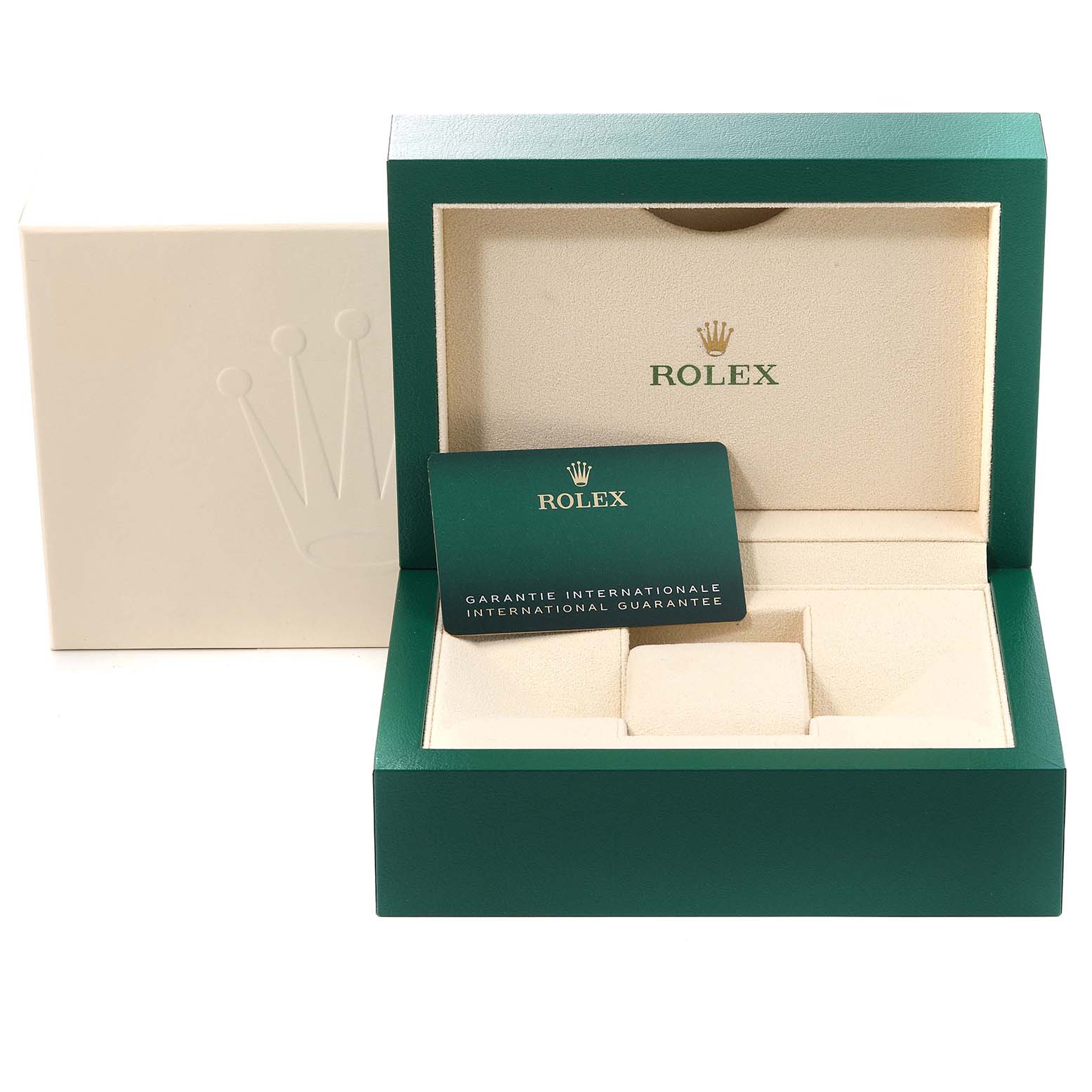 The image shows the Rolex Submariner 124060 Men
s Stainless Steel Black Dial 124060 Men
s Stainless Steel Black Dial
s green watch box, interior, and a warranty card from a front angle.