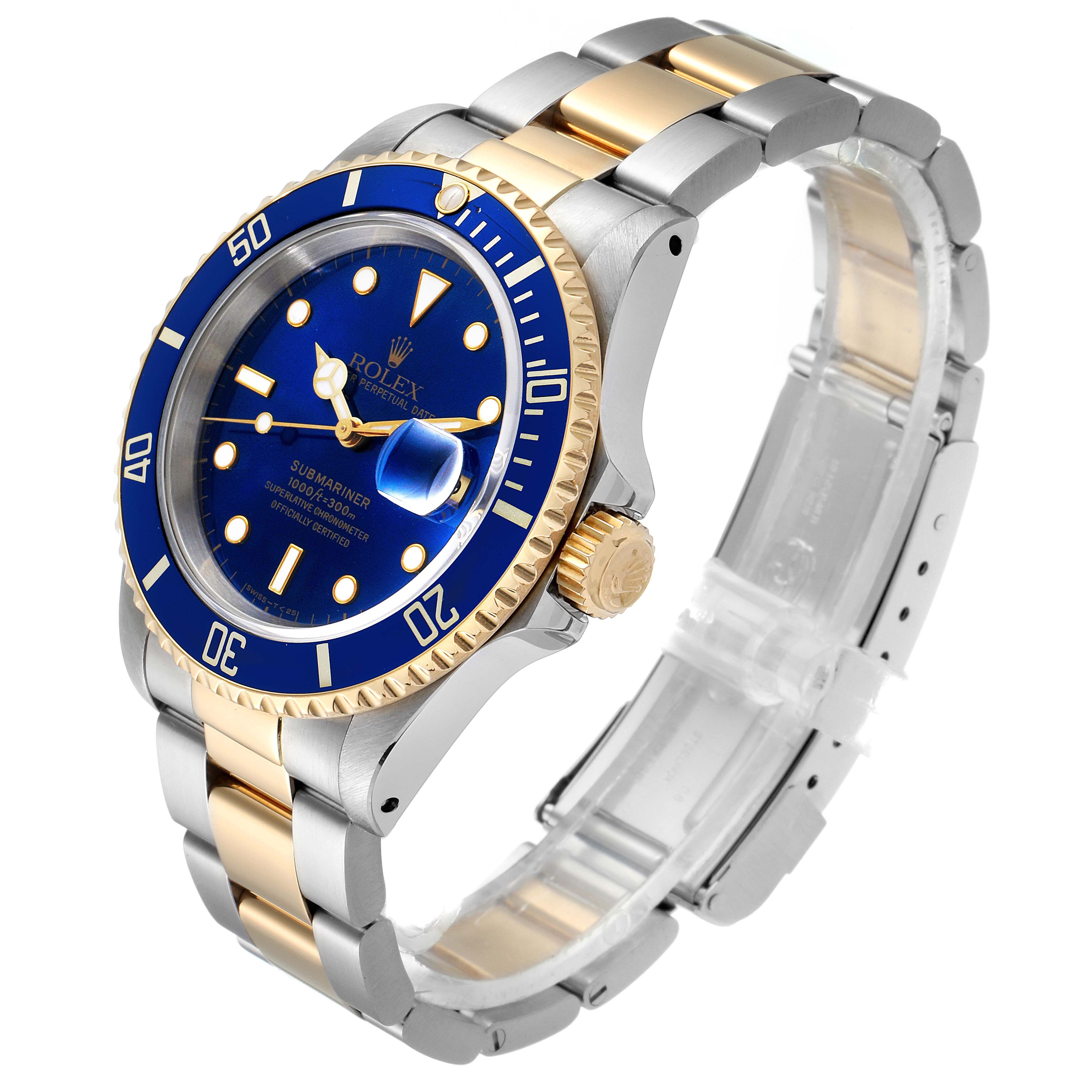 The Rolex Submariner 16613 Men's Steel and Gold (two tone) Blue Dial 16613 Men's Steel and Gold (two tone) Blue Dial watch is shown at a three-quarter angle, highlighting its blue dial, two-tone bracelet, and rotating bezel.