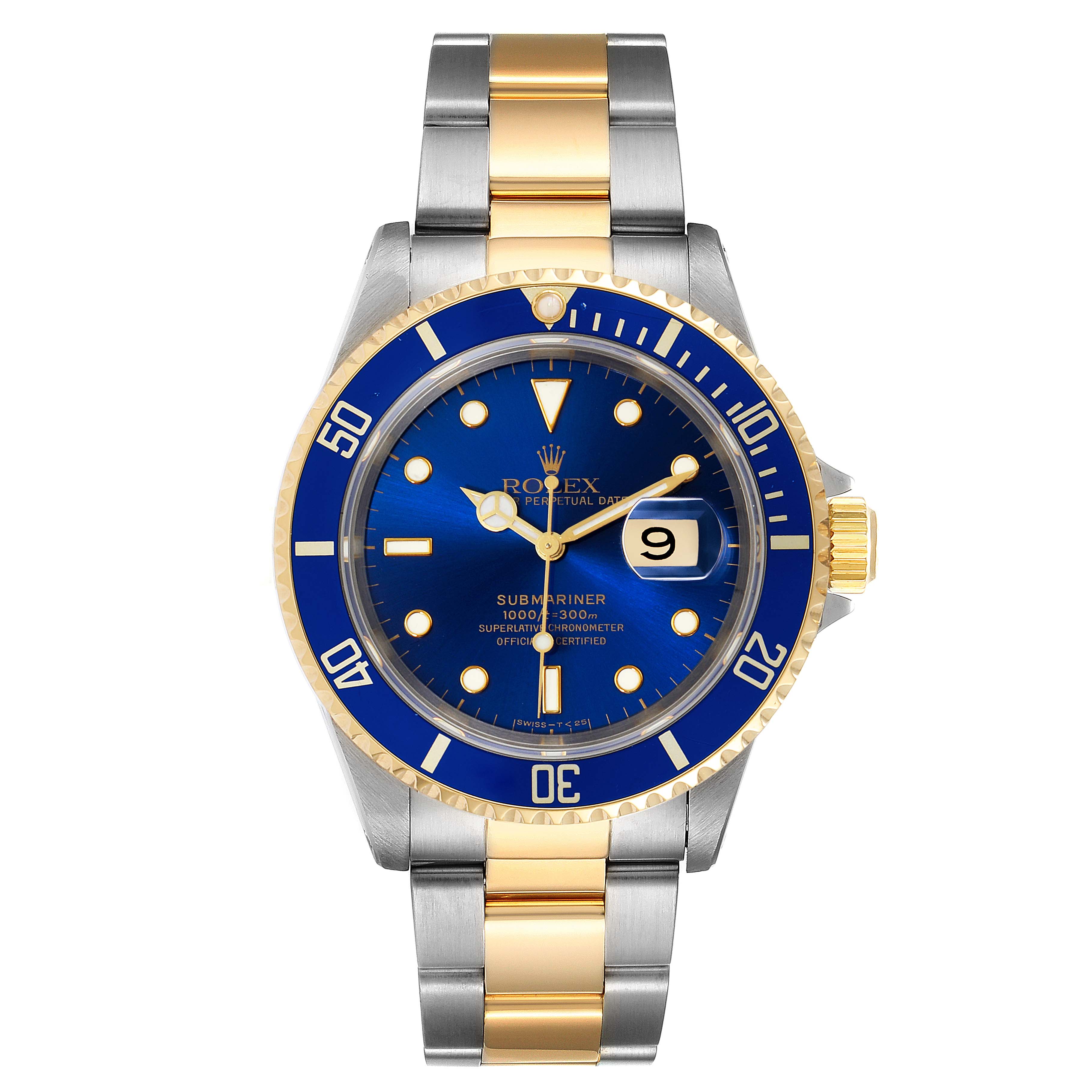 This image shows a front view of a Rolex Submariner 16613 Men's Steel and Gold (two tone) Blue Dial 16613 Men's Steel and Gold (two tone) Blue Dial watch with a blue dial, gold and silver bracelet, and date display.