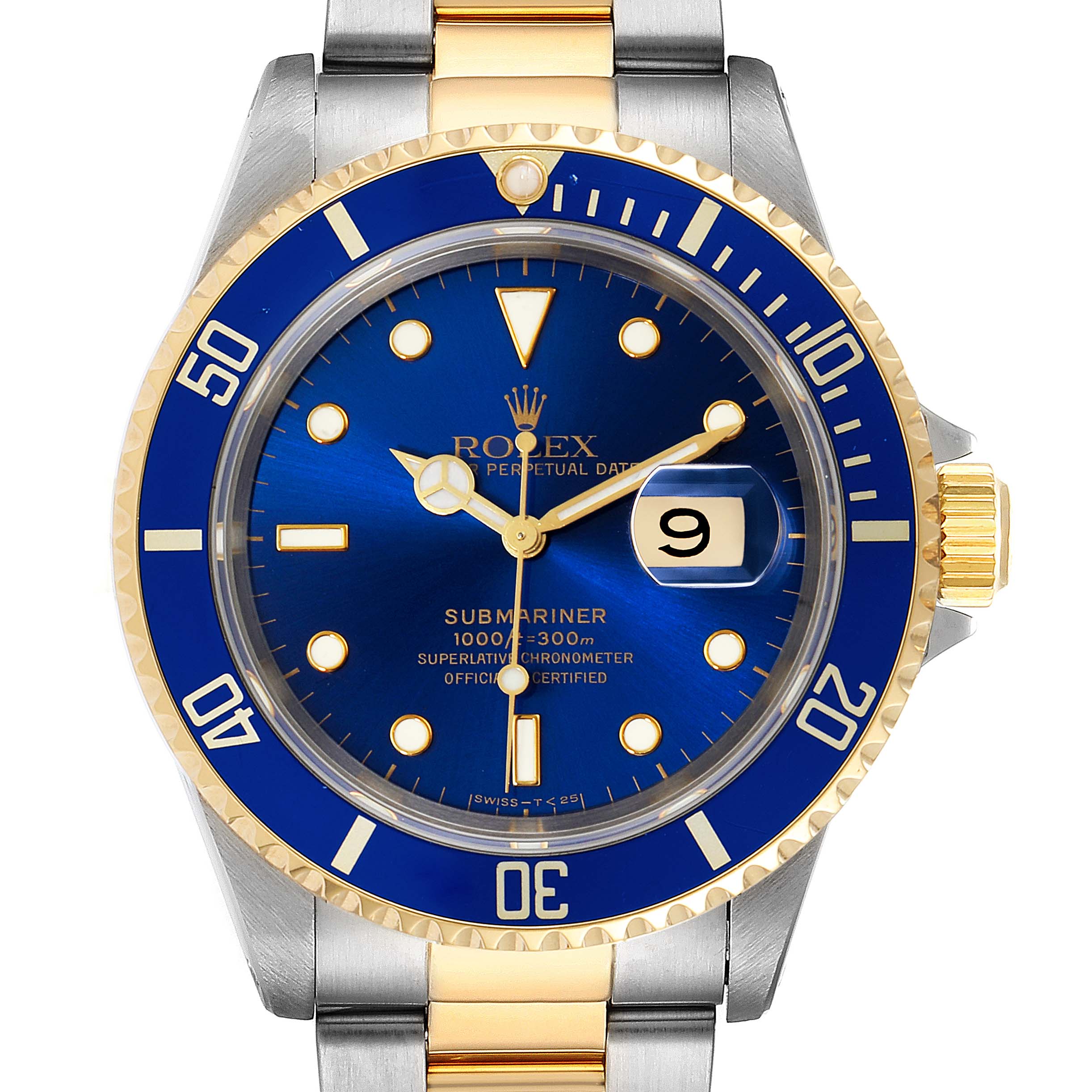 This image shows a frontal view of the Rolex Submariner 16613 Men's Steel and Gold (two tone) Blue Dial 16613 Men's Steel and Gold (two tone) Blue Dial watch, highlighting the blue dial, bezel, gold accents, and date indicator.