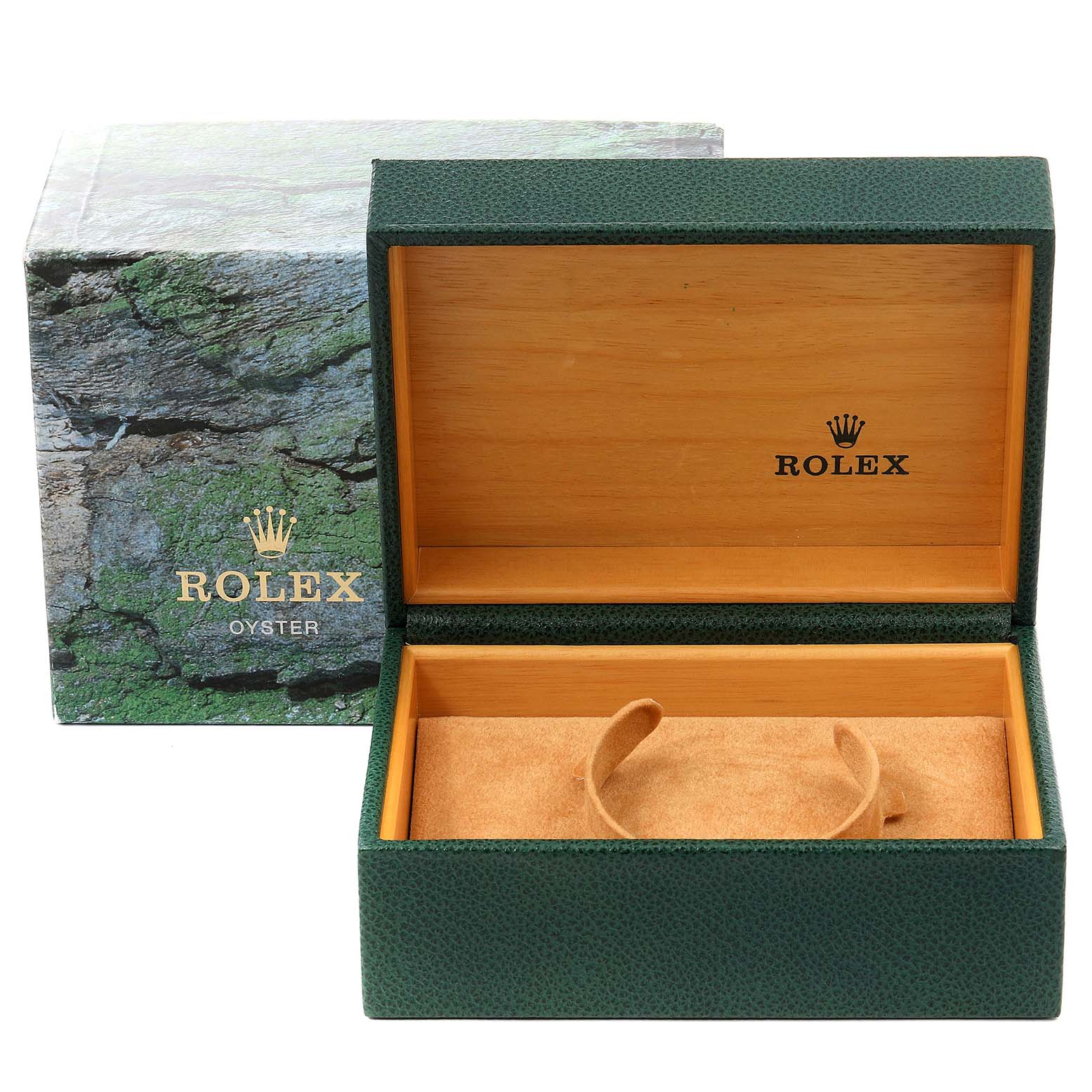 The image shows the open and empty presentation box for a Rolex Submariner 16613 Men's Steel and Gold (two tone) Blue Dial 16613 Men's Steel and Gold (two tone) Blue Dial watch.