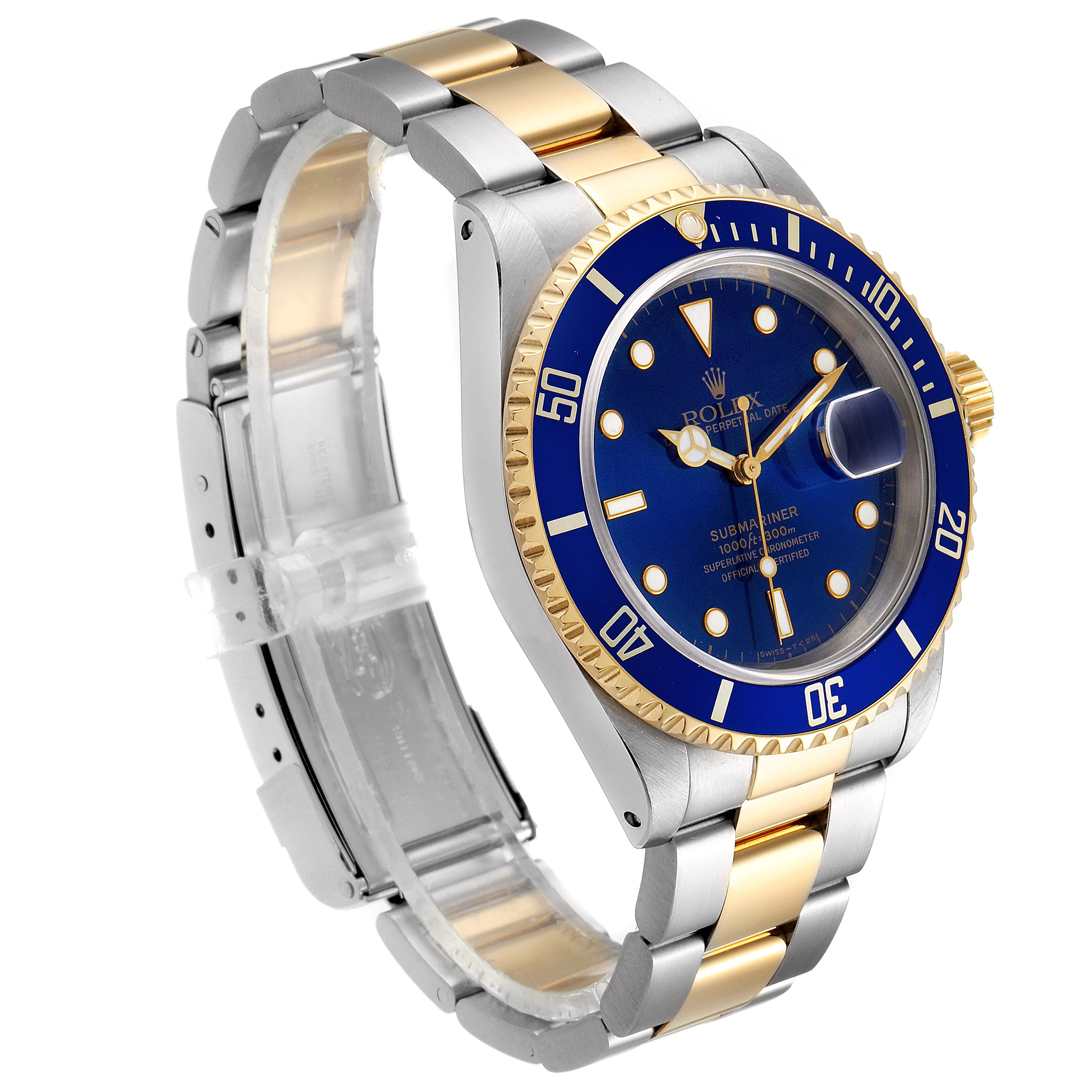 The Rolex Submariner 16613 Men's Steel and Gold (two tone) Blue Dial 16613 Men's Steel and Gold (two tone) Blue Dial watch is shown at a three-quarter angle, highlighting its blue dial, two-tone bracelet, and gold bezel.