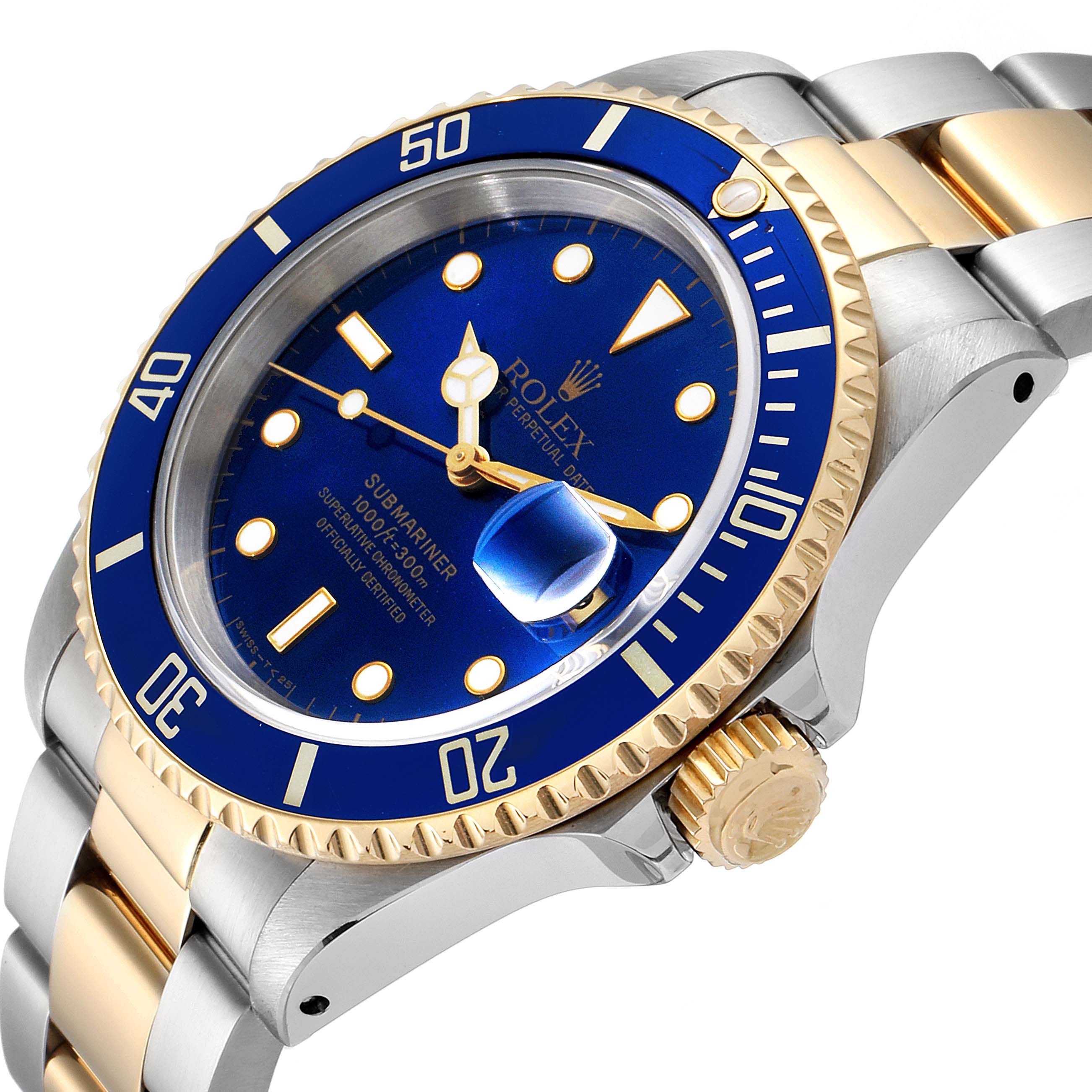 This image shows a side angle of a Rolex Submariner 16613 Men's Steel and Gold (two tone) Blue Dial 16613 Men's Steel and Gold (two tone) Blue Dial watch, highlighting the blue dial, bezel, crown, and two-tone bracelet.