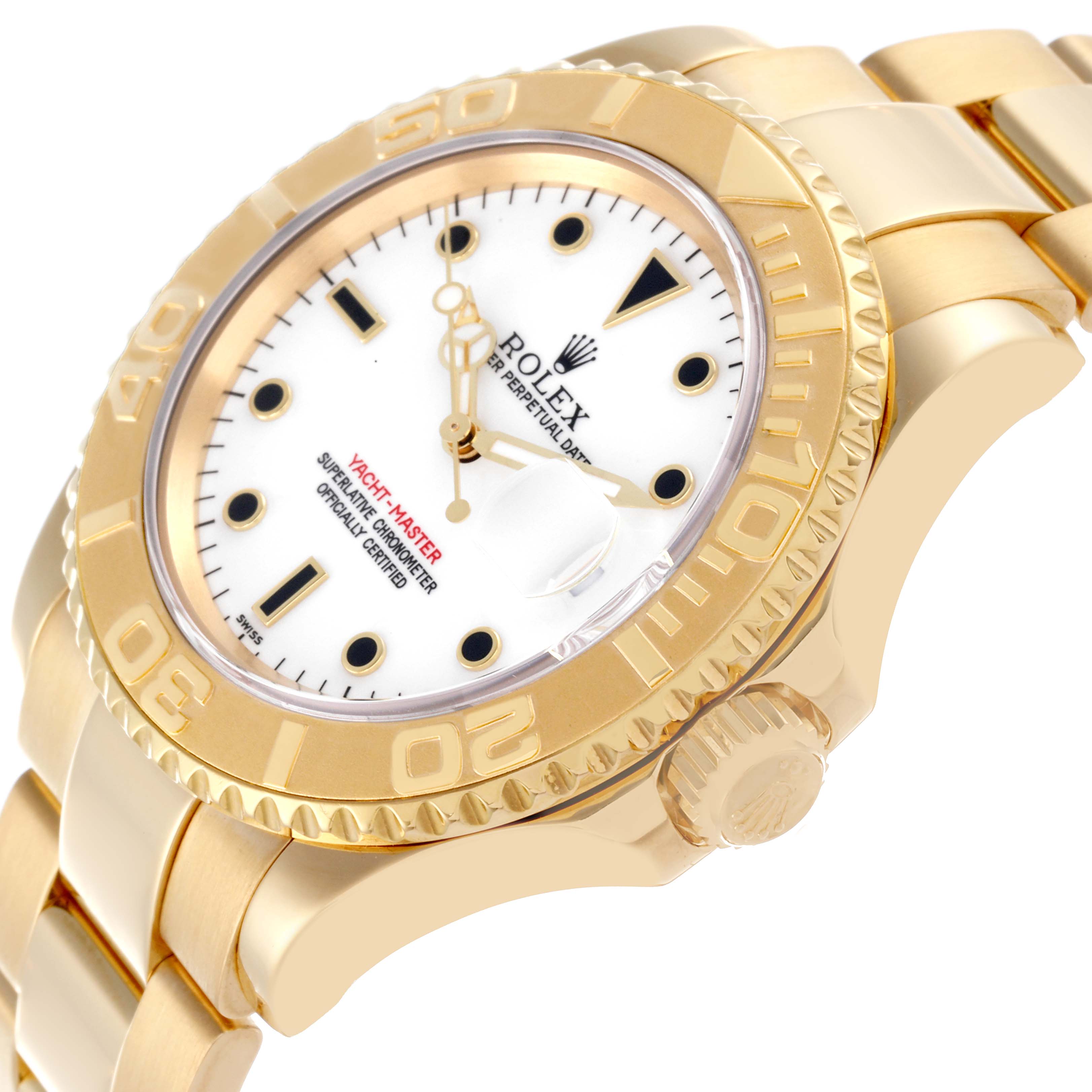 The Rolex Yacht-Master 16628 Men's Yellow Gold White Dial 16628 Men's Yellow Gold White Dial watch is shown at an angle highlighting the bezel, crown, and part of the bracelet.