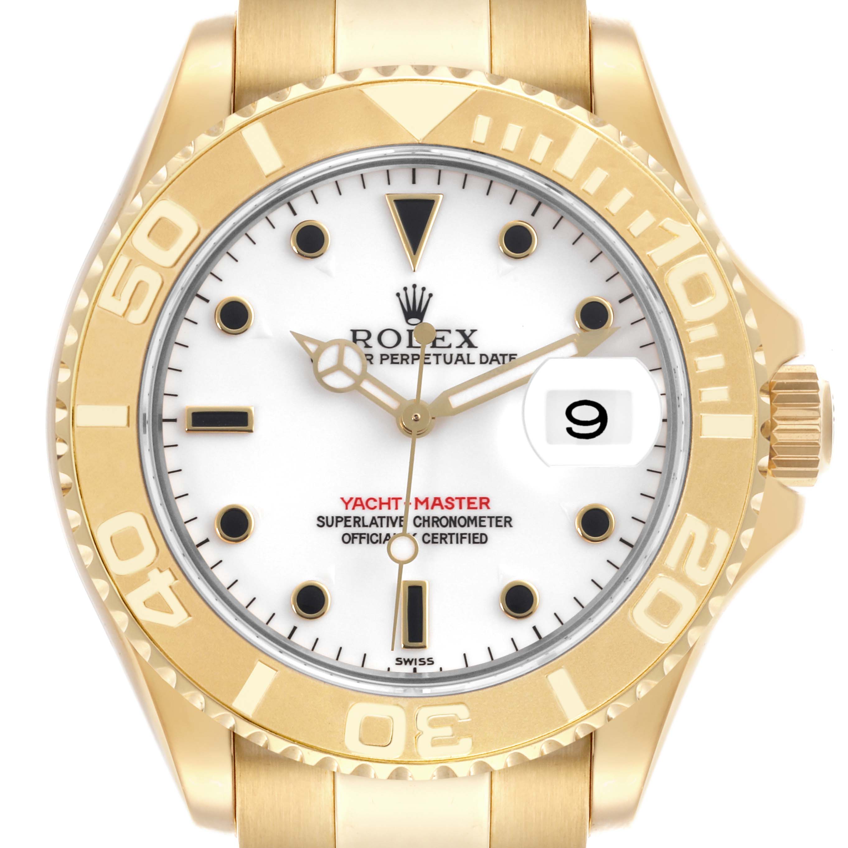The Rolex Yacht-Master 16628 Men's Yellow Gold White Dial 16628 Men's Yellow Gold White Dial watch is shown from the front, displaying the bezel, dial, hands, and crown.