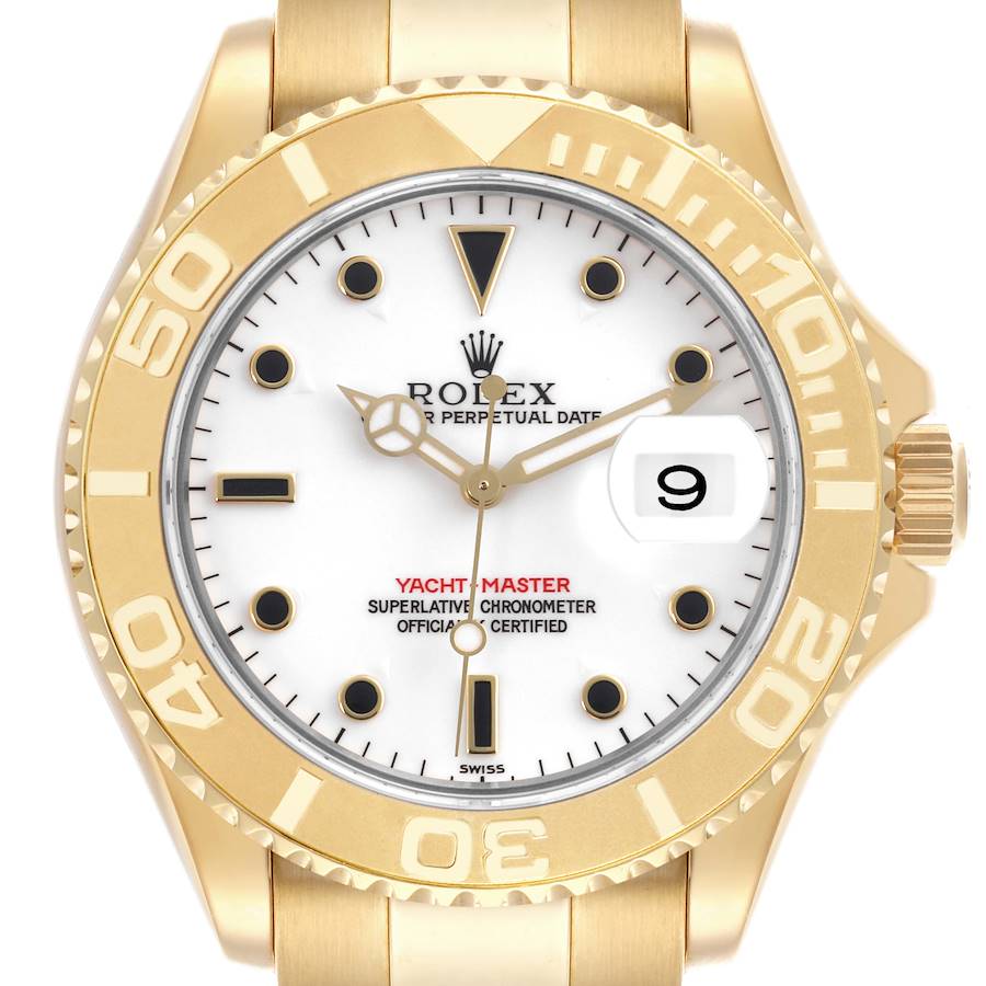 The Rolex Yacht-Master watch is shown from the front, displaying the bezel, dial, hands, and crown.