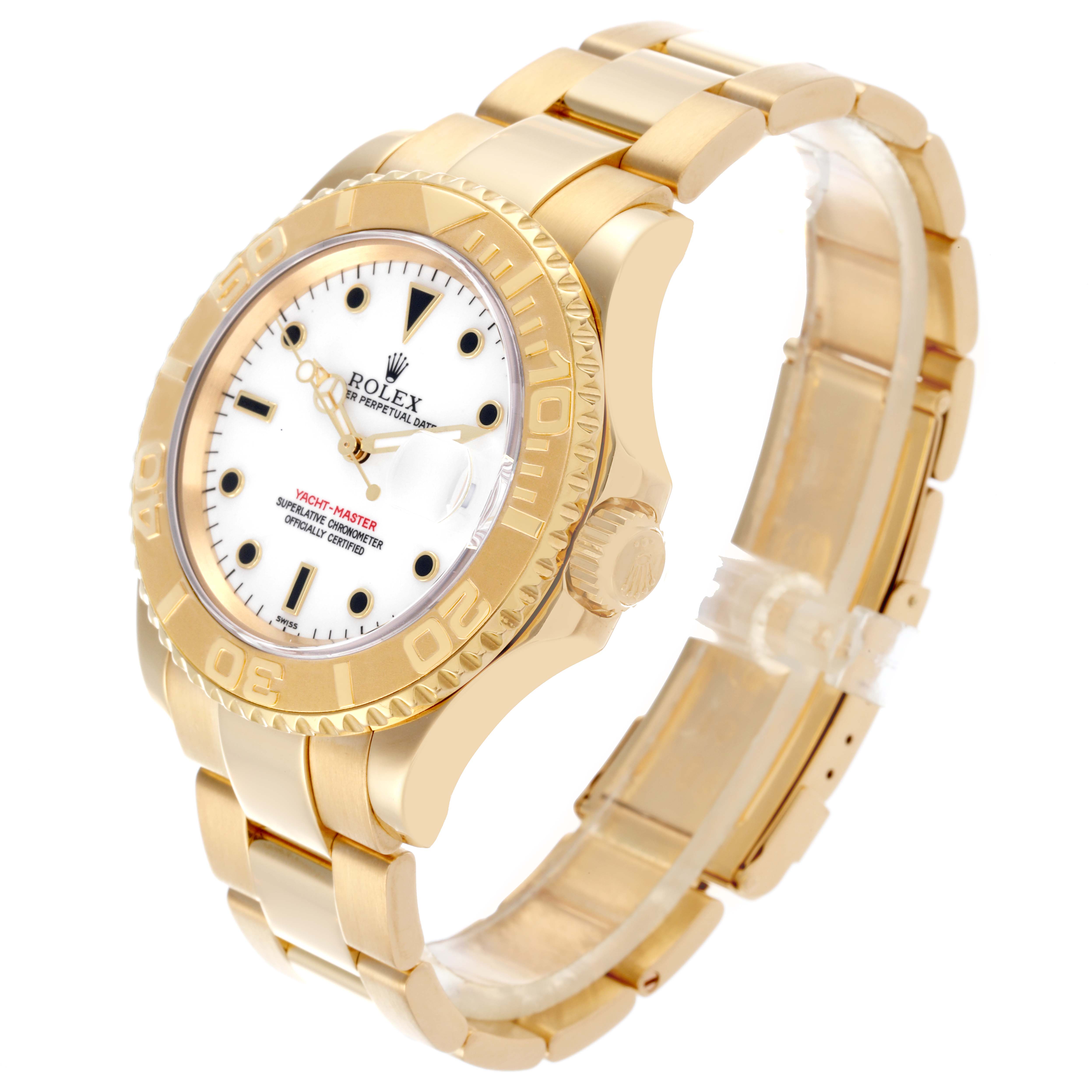 The Rolex Yacht-Master 16628 Men's Yellow Gold White Dial 16628 Men's Yellow Gold White Dial watch is shown at a tilted angle, highlighting the gold case, bezel, crown, and bracelet.