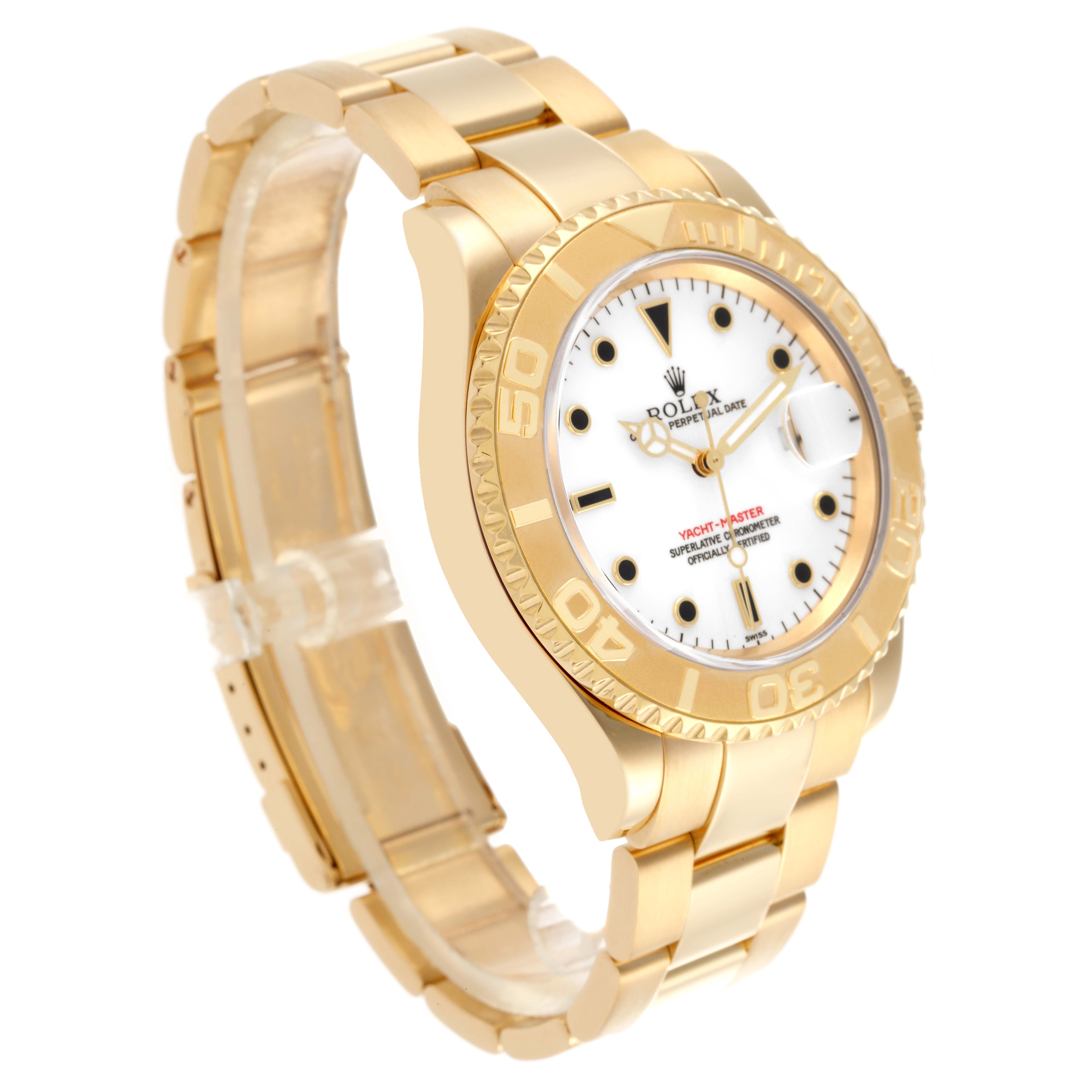 The Rolex Yacht-Master 16628 Men's Yellow Gold White Dial 16628 Men's Yellow Gold White Dial watch is shown at an oblique angle, highlighting its gold bracelet, bezel, and dial.