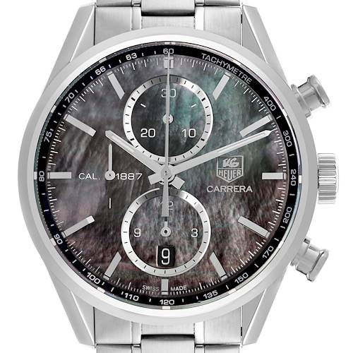 The image shows a frontal view of the Tag Heuer Carrera watch, highlighting its dial, subdials, and metallic strap.